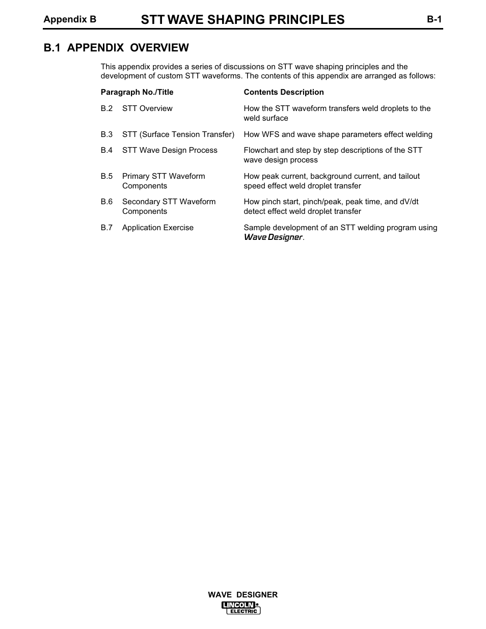 Stt wave shaping principles, B.1 appendix overview | Lincoln Electric IM649 Wave Designer User Manual | Page 55 / 74