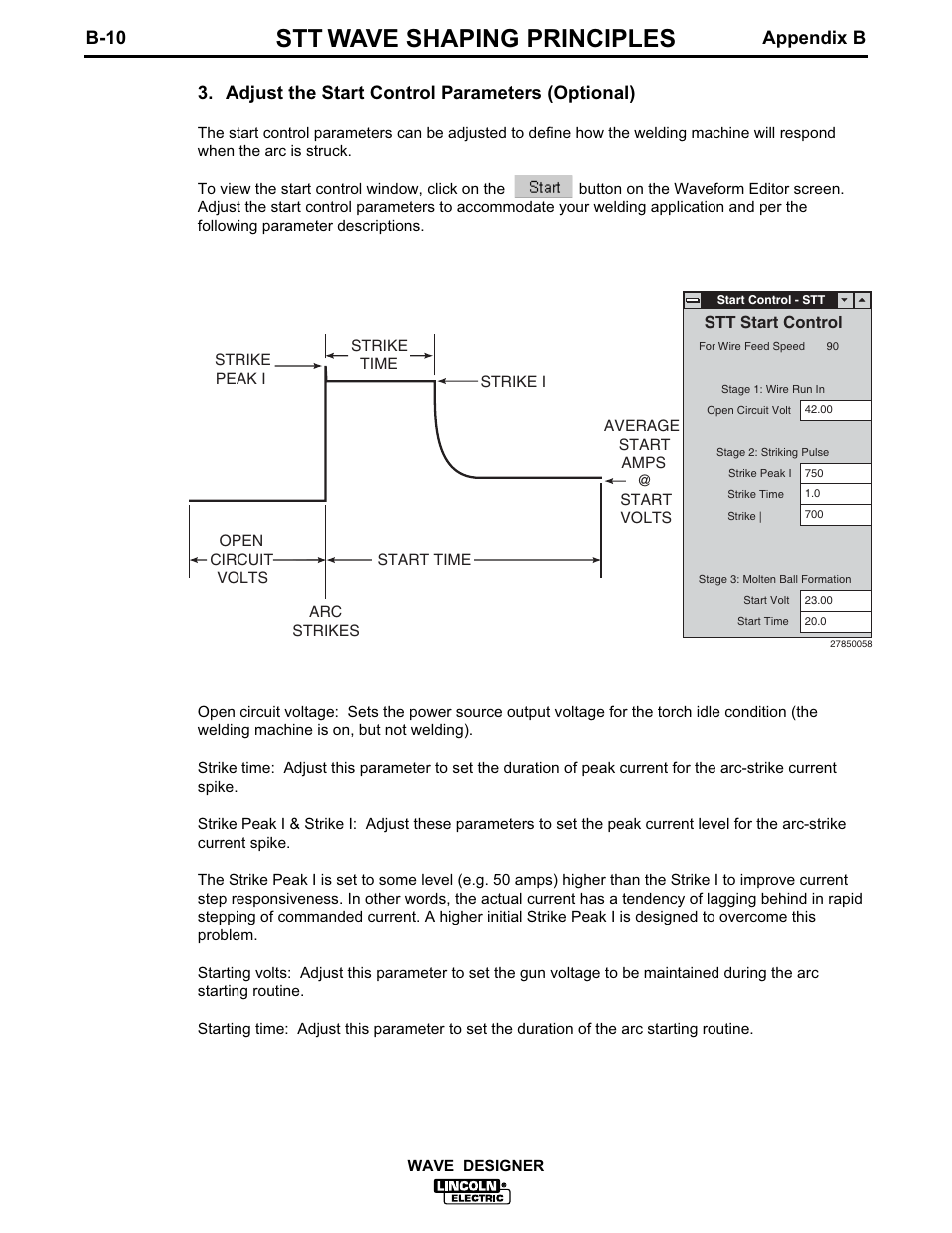 Stt wave shaping principles, Adjust the start control parameters (optional), B-10 appendix b | Lincoln Electric IM649 Wave Designer User Manual | Page 64 / 74