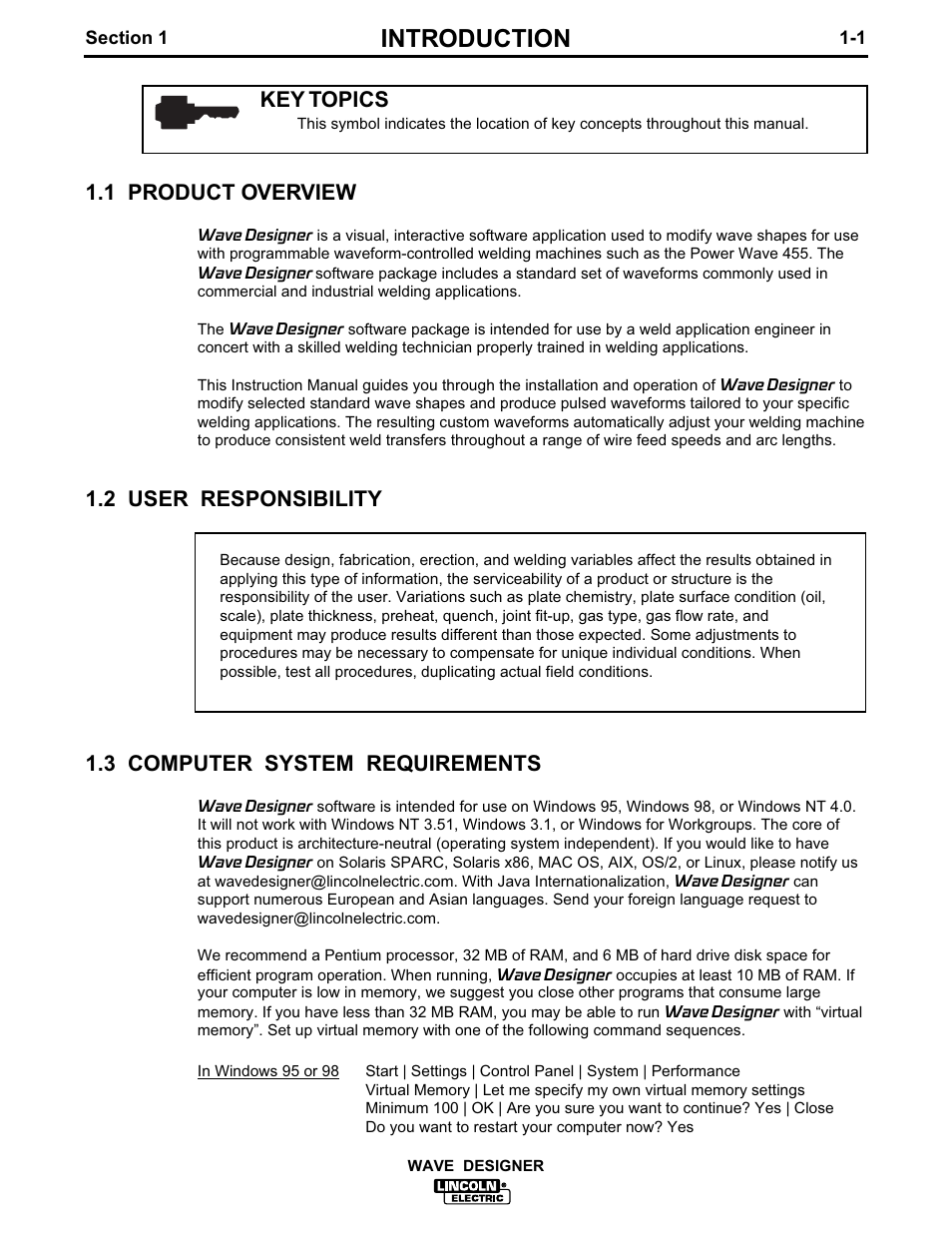 Introduction, 1 product overview, 2 user responsibility | 3 computer system requirements, Key topics | Lincoln Electric IM649 Wave Designer User Manual | Page 7 / 74