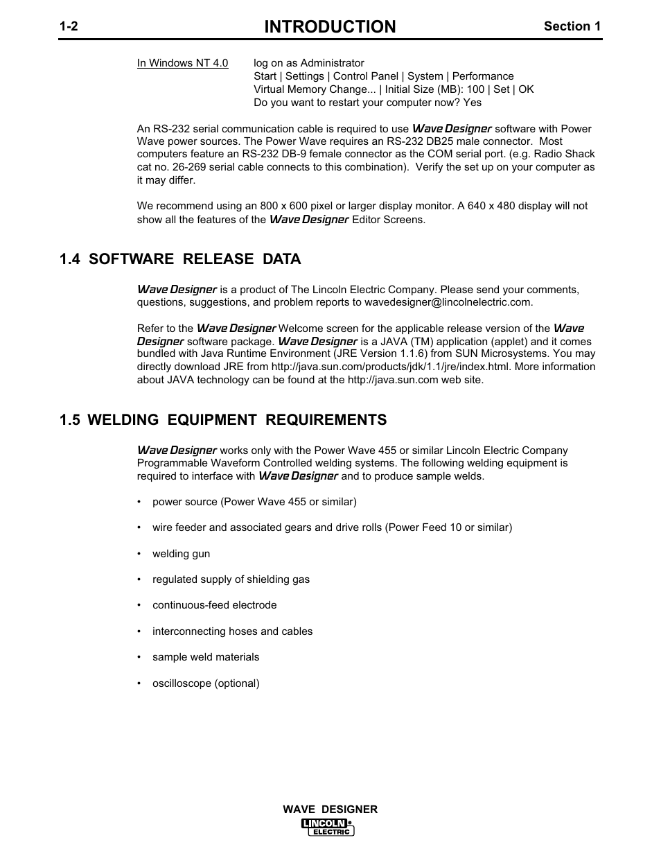 Introduction, 4 software release data, 5 welding equipment requirements | Lincoln Electric IM649 Wave Designer User Manual | Page 8 / 74