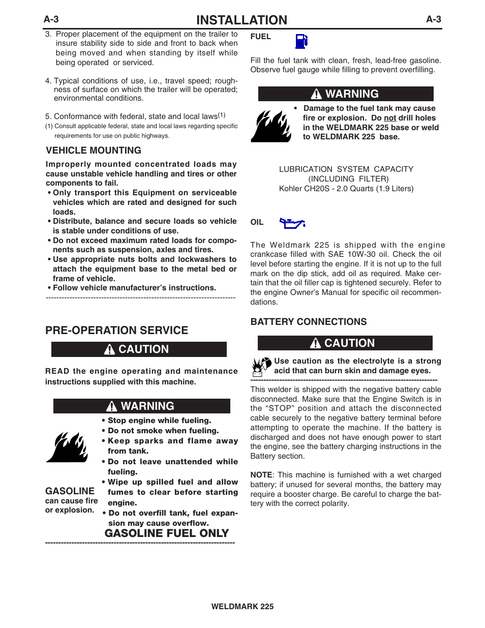 Installation, Pre-operation service, Caution | Warning, Gasoline fuel only | Lincoln Electric IM851 WELDMARK 225 User Manual | Page 10 / 35