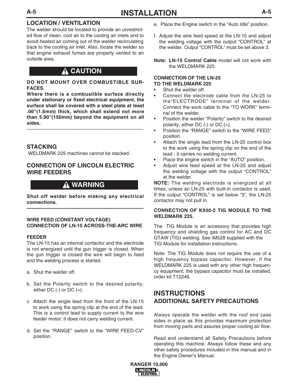 Installation, Instructions, Warning | Caution | Lincoln Electric IM851 WELDMARK 225 User Manual | Page 12 / 35