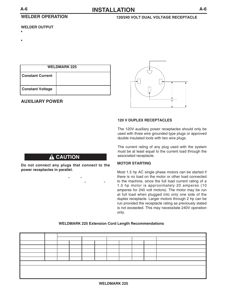 Installation, Caution, A-6 welder operation | Auxiliary power | Lincoln Electric IM851 WELDMARK 225 User Manual | Page 13 / 35