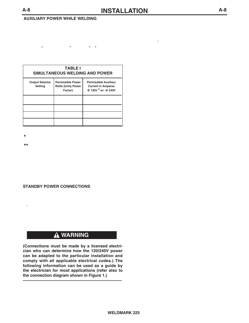 Installation, Warning | Lincoln Electric IM851 WELDMARK 225 User Manual | Page 15 / 35