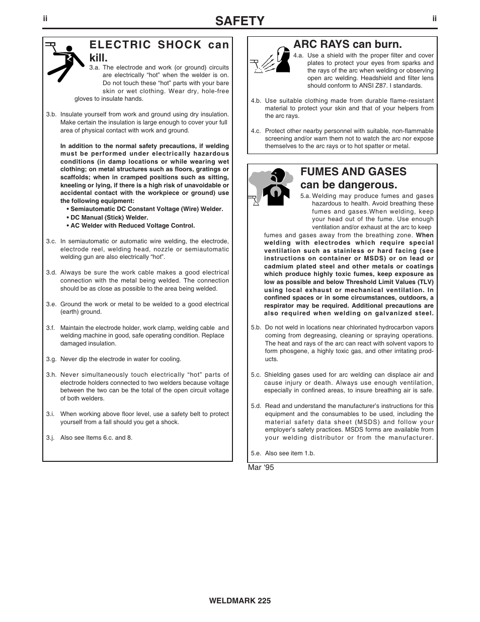 Safety, Arc rays can burn, Electric shock can kill | Fumes and gases can be dangerous | Lincoln Electric IM851 WELDMARK 225 User Manual | Page 3 / 35