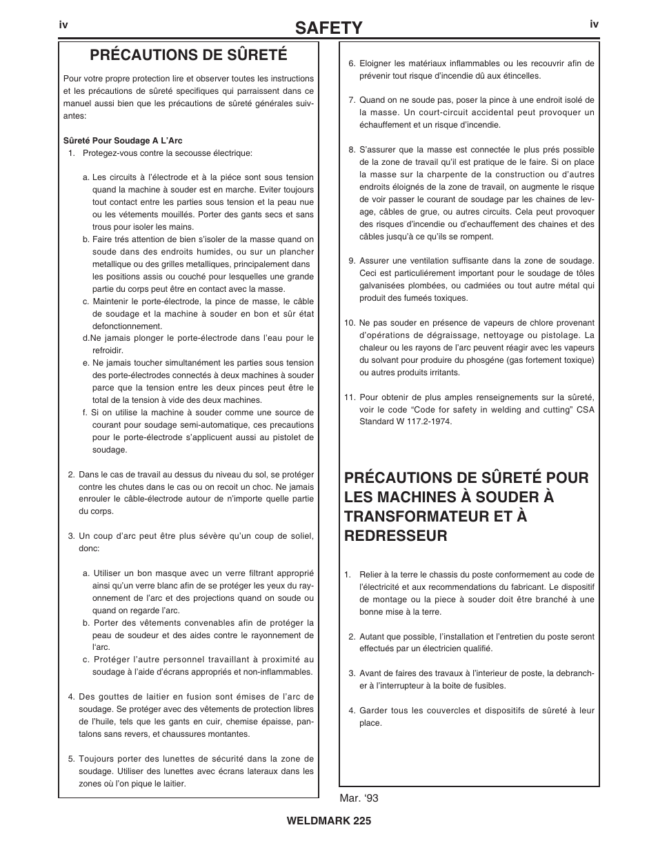 Safety, Précautions de sûreté | Lincoln Electric IM851 WELDMARK 225 User Manual | Page 5 / 35