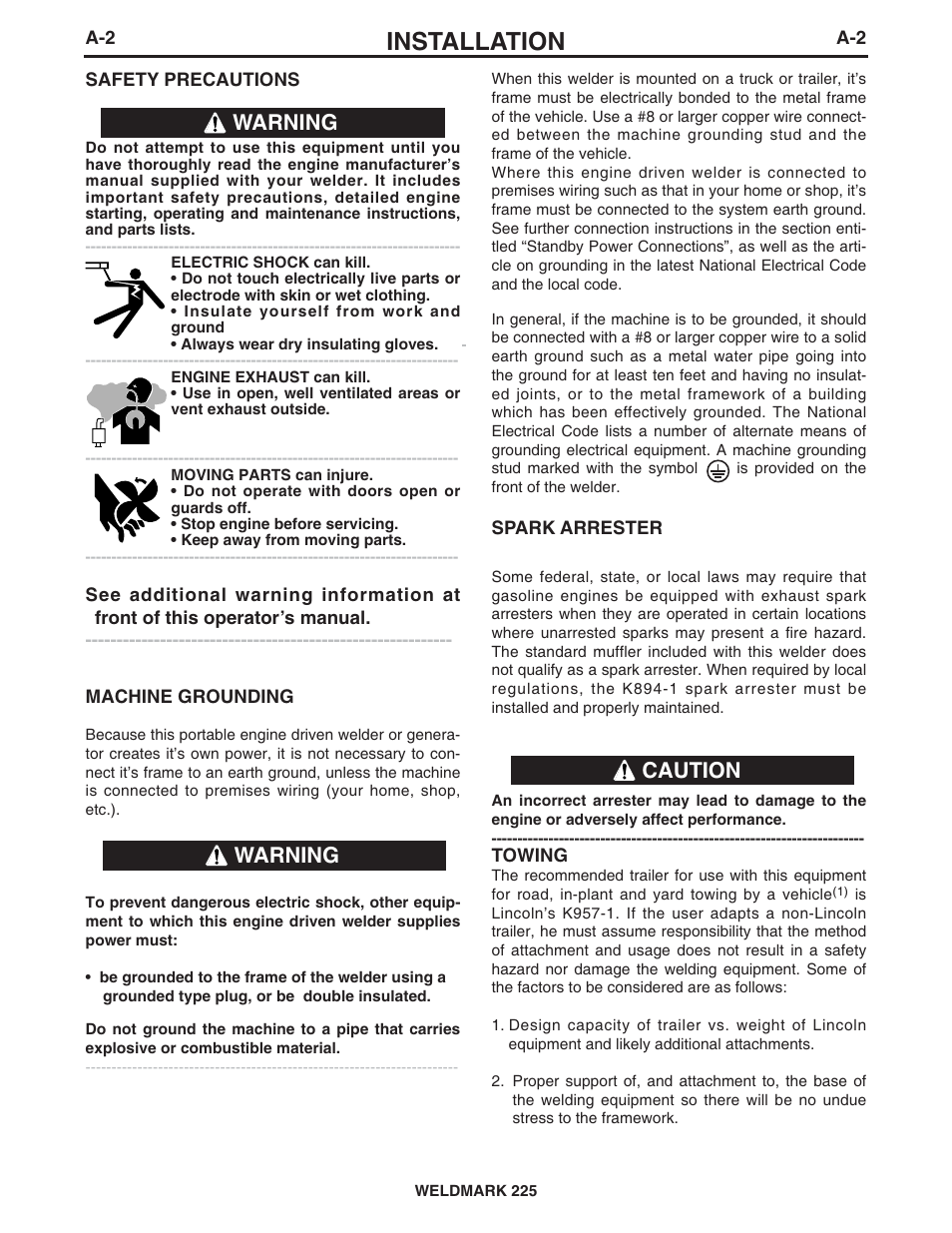 Installation, Caution, Warning | Lincoln Electric IM851 WELDMARK 225 User Manual | Page 9 / 35