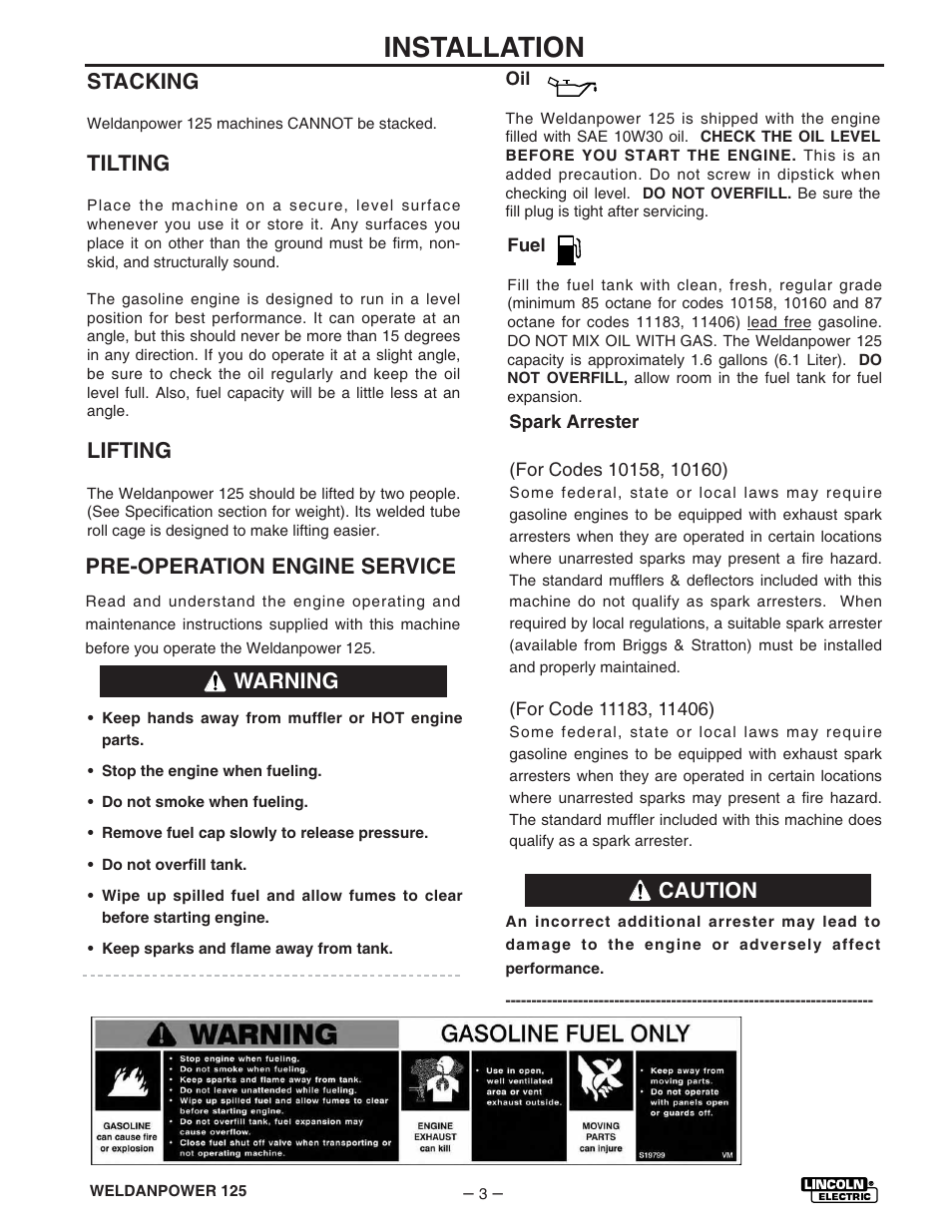 Installation, Caution, Warning | Pre-operation engine service, Stacking, Tilting, Lifting | Lincoln Electric IM530 Weldanpower 125 User Manual | Page 10 / 40