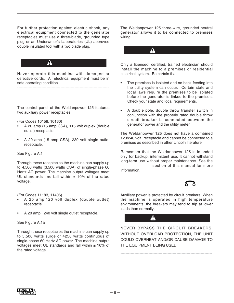 Installation, Plugs and hand held equipment, Auxiliary power receptacles | Warning premises wiring, Circuit breakers, Warning caution | Lincoln Electric IM530 Weldanpower 125 User Manual | Page 13 / 40