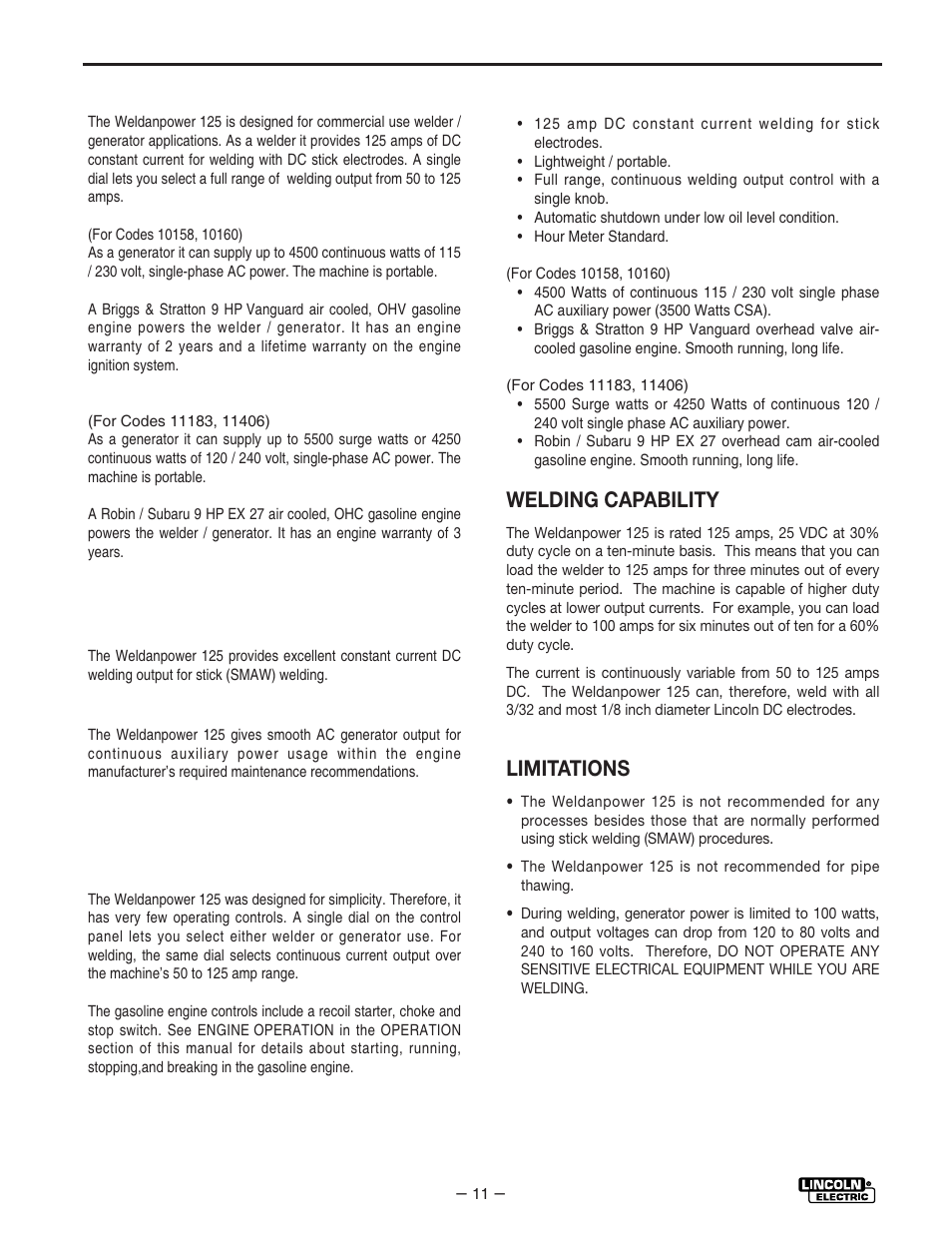 Operation, Product description, Recommended applications | Operational features and controls, Design features and advantages, Welding capability, Limitations | Lincoln Electric IM530 Weldanpower 125 User Manual | Page 18 / 40