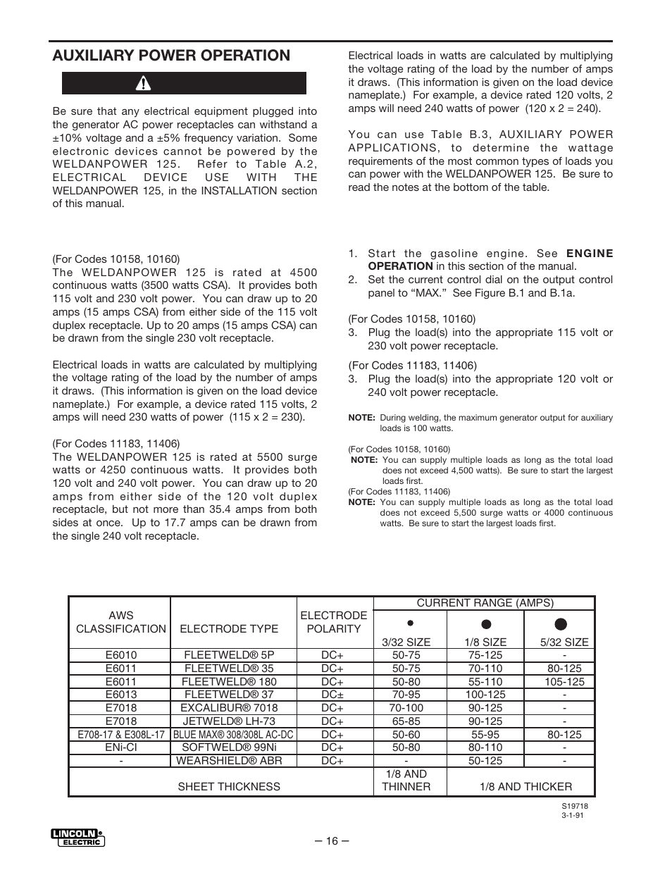 Operation, Auxiliary power operation, Warning | Lincoln Electric IM530 Weldanpower 125 User Manual | Page 23 / 40