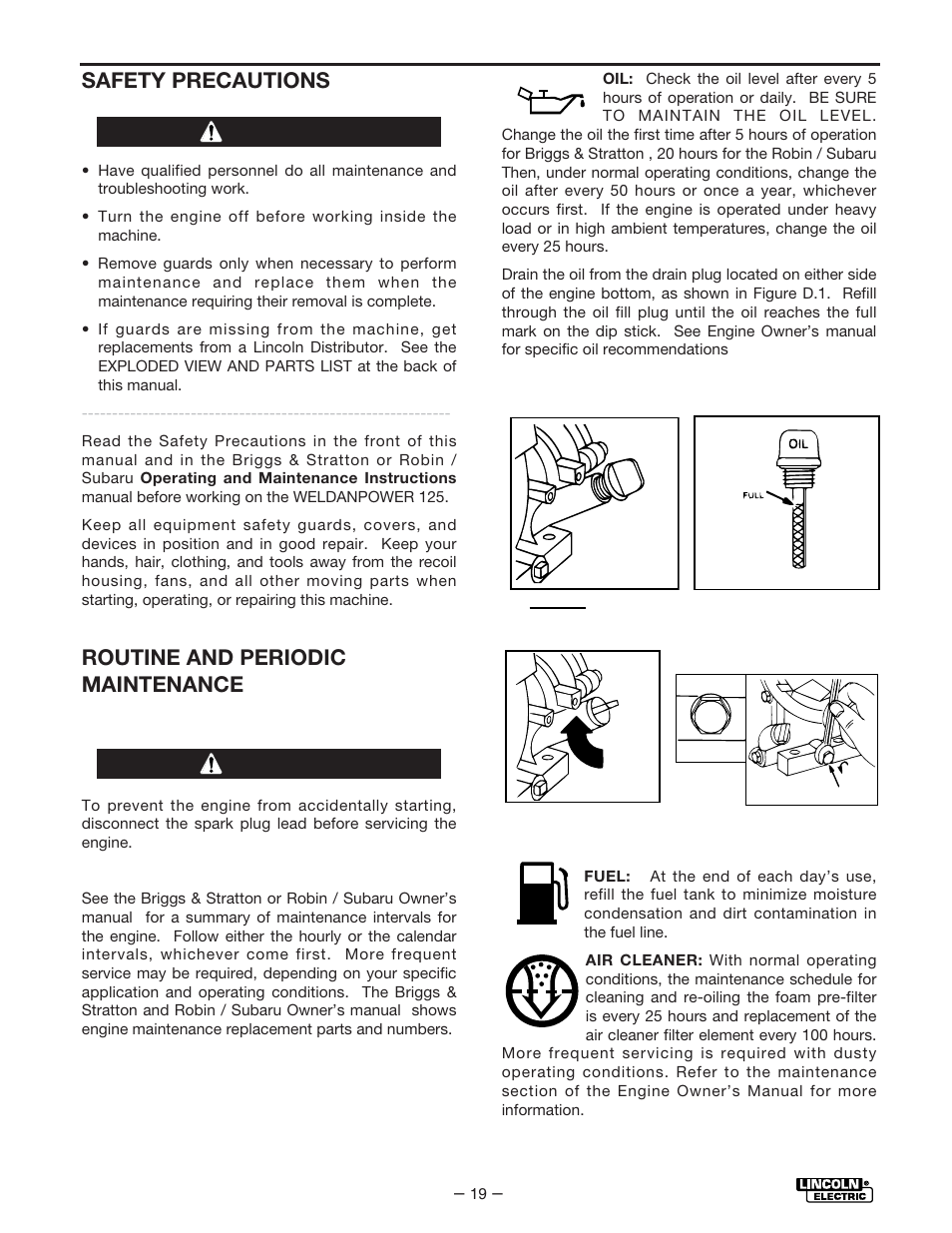 Maintenance, Safety precautions, Routine and periodic maintenance | Warning caution | Lincoln Electric IM530 Weldanpower 125 User Manual | Page 26 / 40