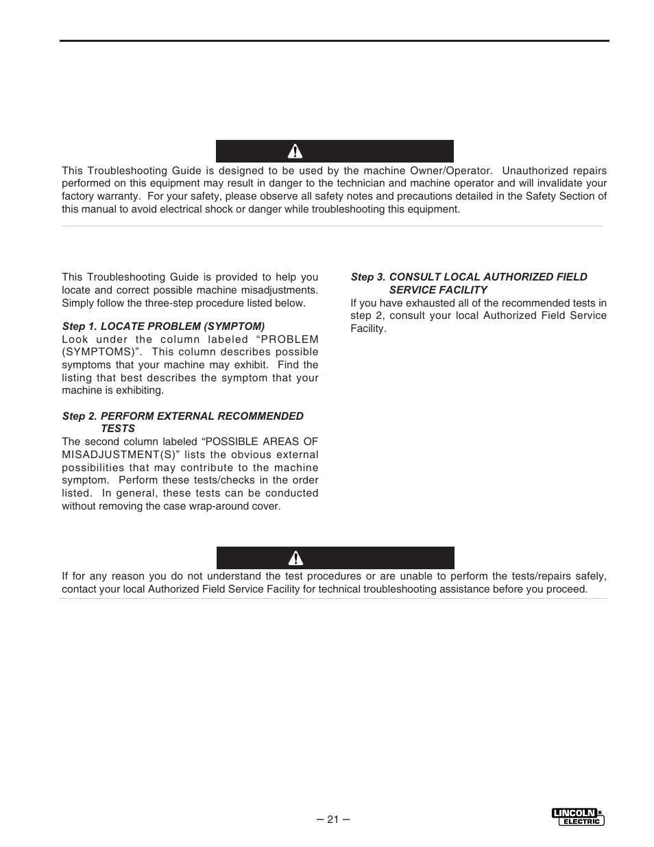 Troubleshooting, Caution warning | Lincoln Electric IM530 Weldanpower 125 User Manual | Page 28 / 40