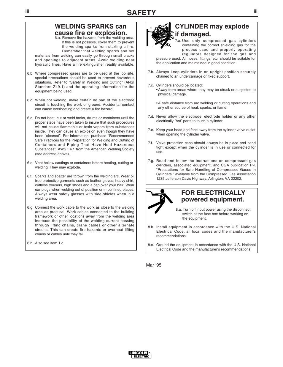 Safety, For electrically powered equipment, Cylinder may explode if damaged | Welding sparks can cause fire or explosion | Lincoln Electric IM530 Weldanpower 125 User Manual | Page 4 / 40