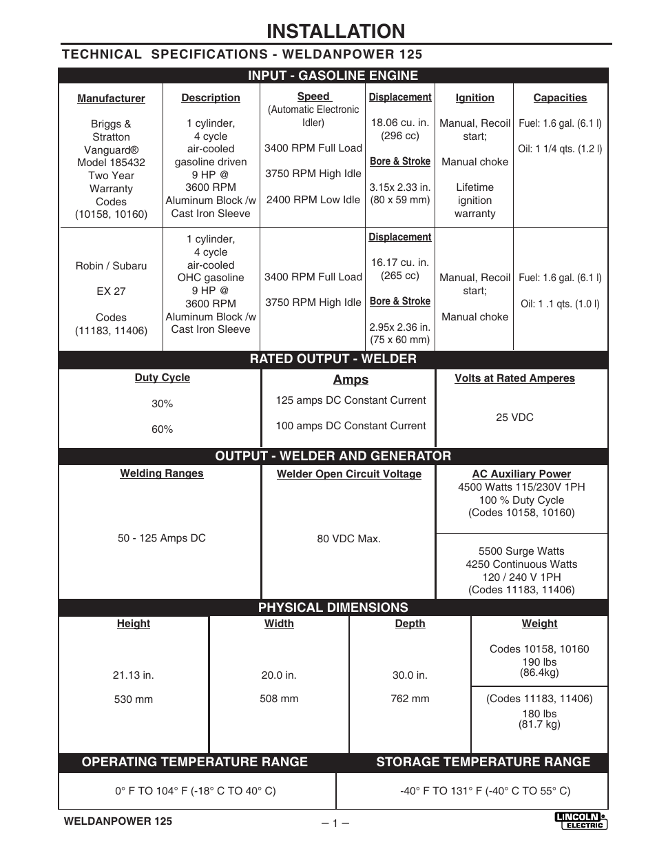 Installation | Lincoln Electric IM530 Weldanpower 125 User Manual | Page 8 / 40