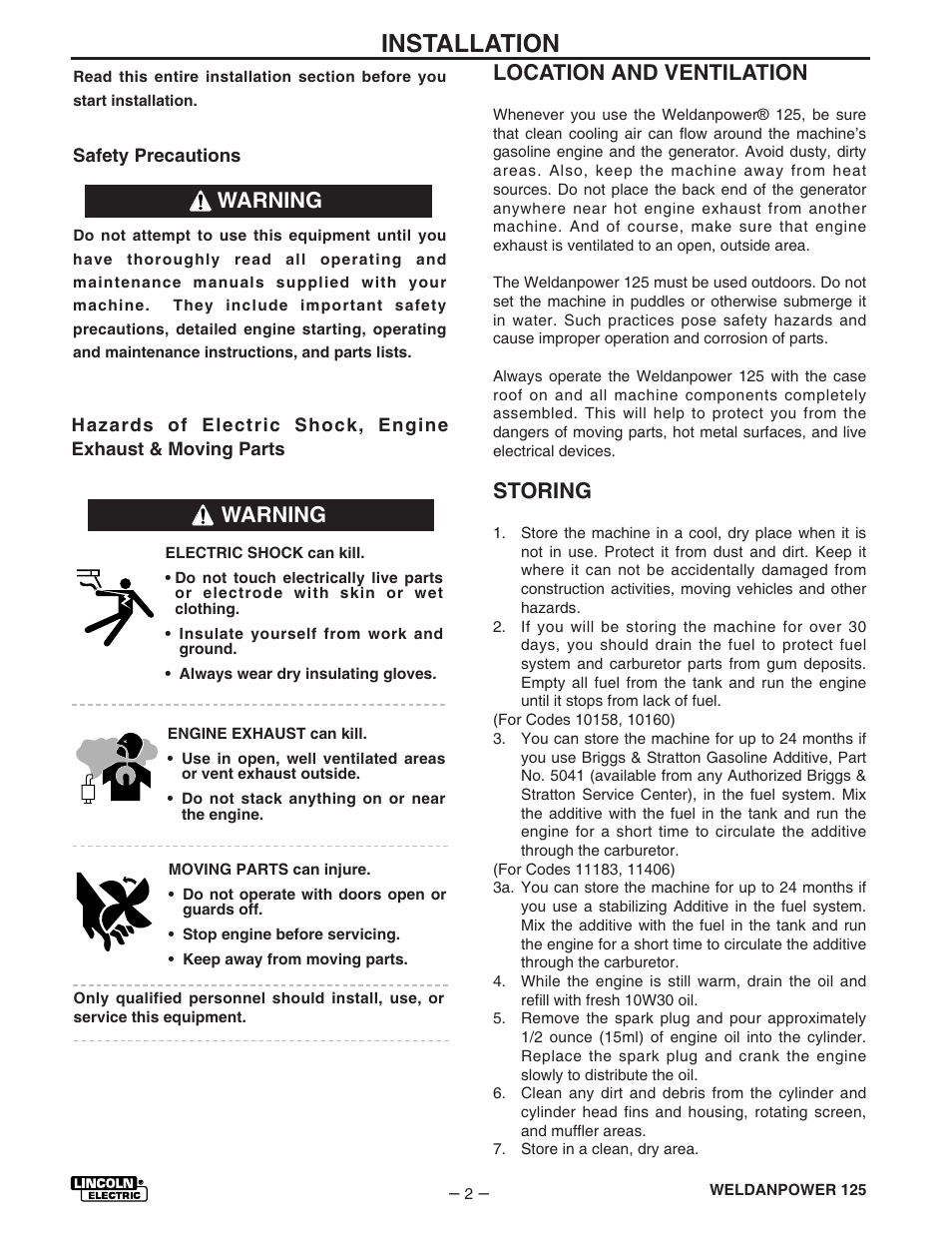 Installation, Warning, Warning location and ventilation | Storing | Lincoln Electric IM530 Weldanpower 125 User Manual | Page 9 / 40