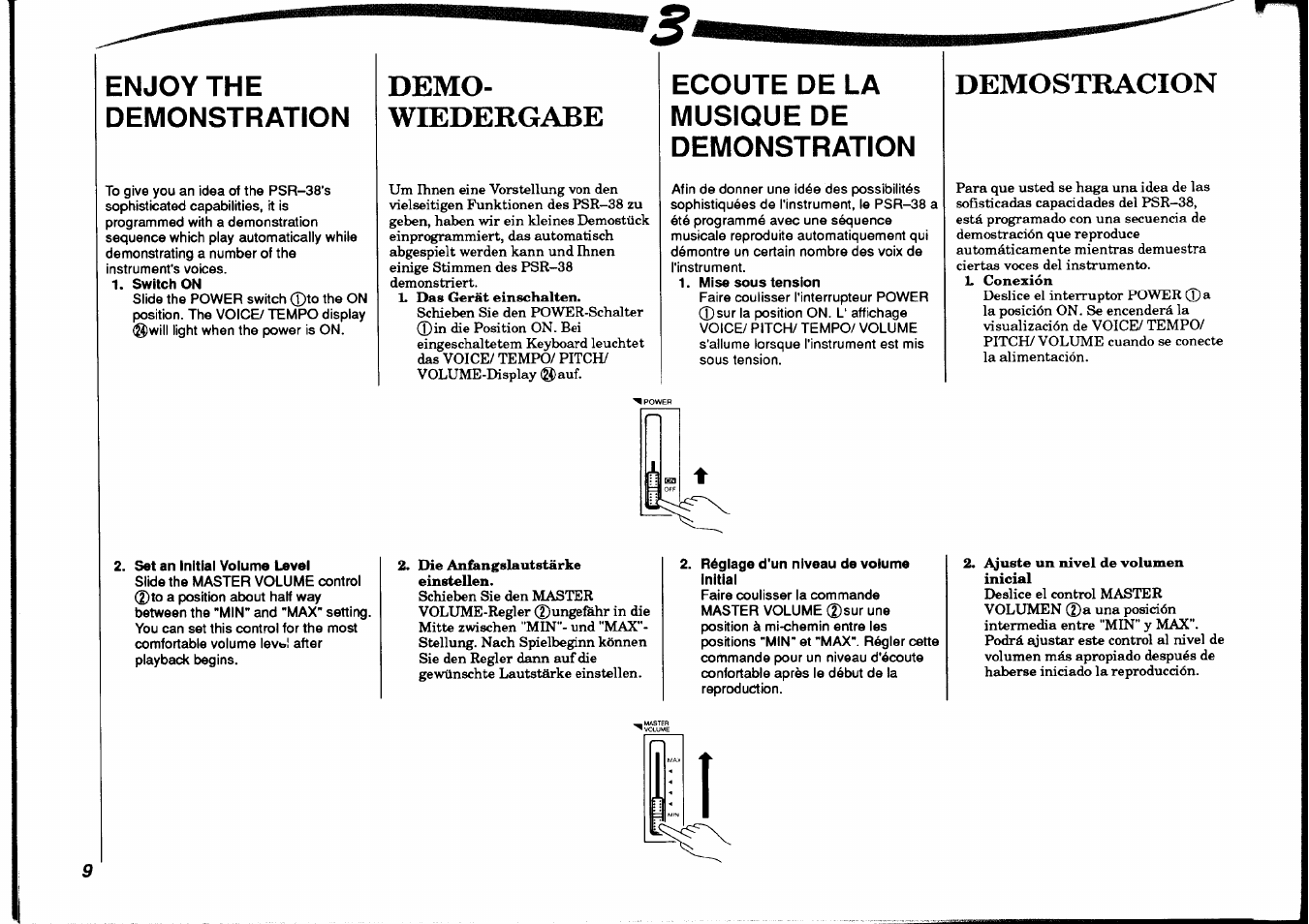 Enjoy the demonstration, Demo, Wiedergabe | Ecoute de la musique de demonstration, Demostracion, Demonstration, Ecoute de la musique de, Demo­ wiedergabe | Yamaha PSR-38 User Manual | Page 10 / 55