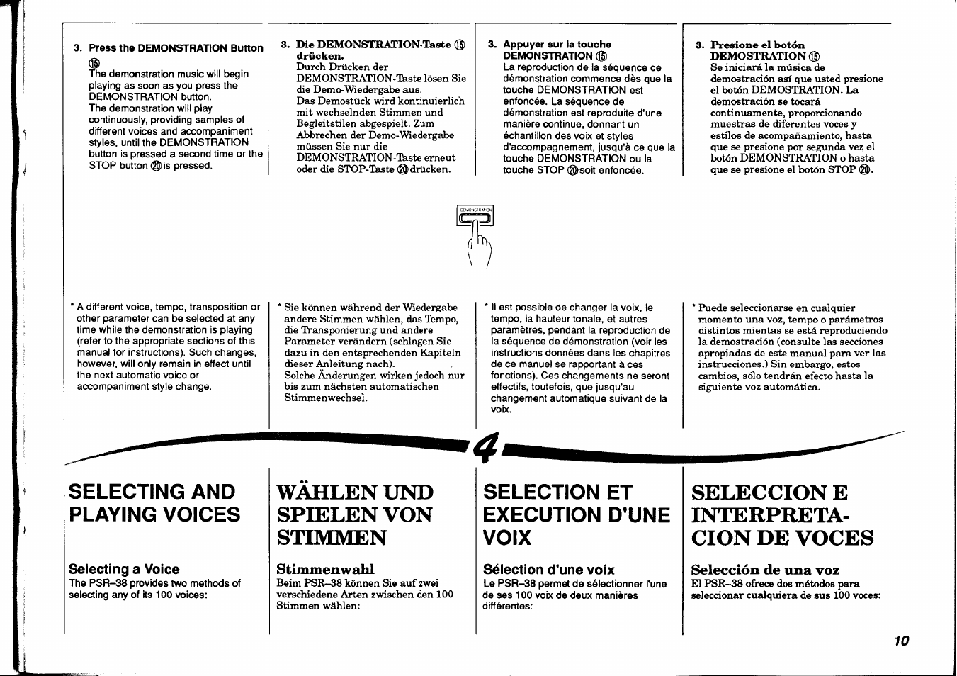 Press the demonstration button, Appuyer sur la touche demonstration, Wählen und | Seleccion e, Spielen von, Interpreta­ stimmen, Cion de voces, Selecting and, Selection et, Playing voices | Yamaha PSR-38 User Manual | Page 11 / 55