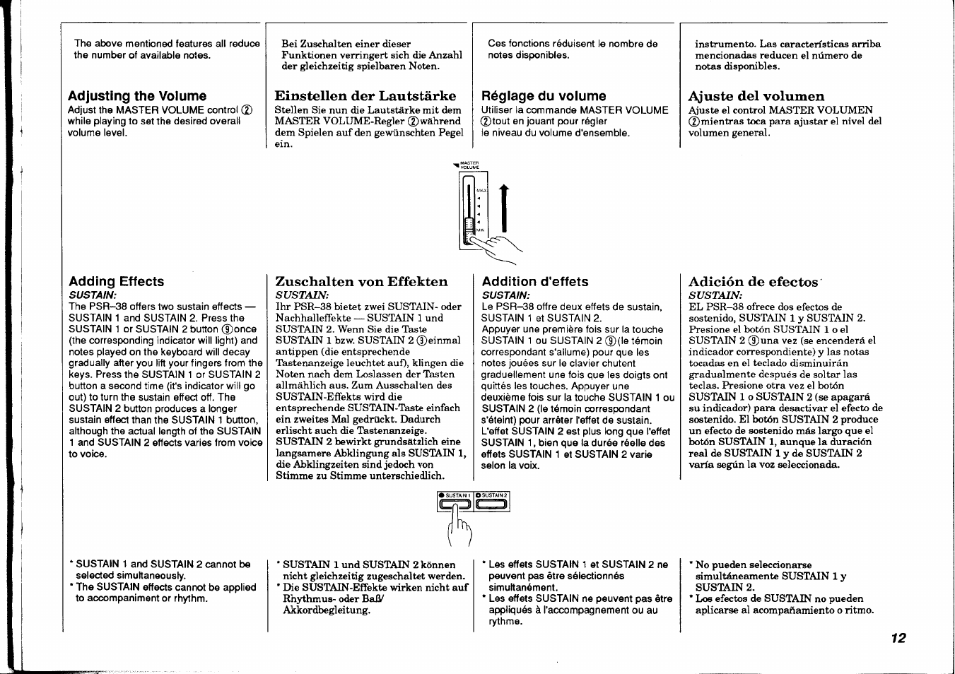 Adjusting the volume, Adding effects, Einstellen der lautstärke | Réglage du volume, Zuschalten von effekten, Addition d'effets, Ajuste del volumen, Adición de efectos, Adjusting the volume adding effects, Réglage du volume addition d'effets | Yamaha PSR-38 User Manual | Page 13 / 55