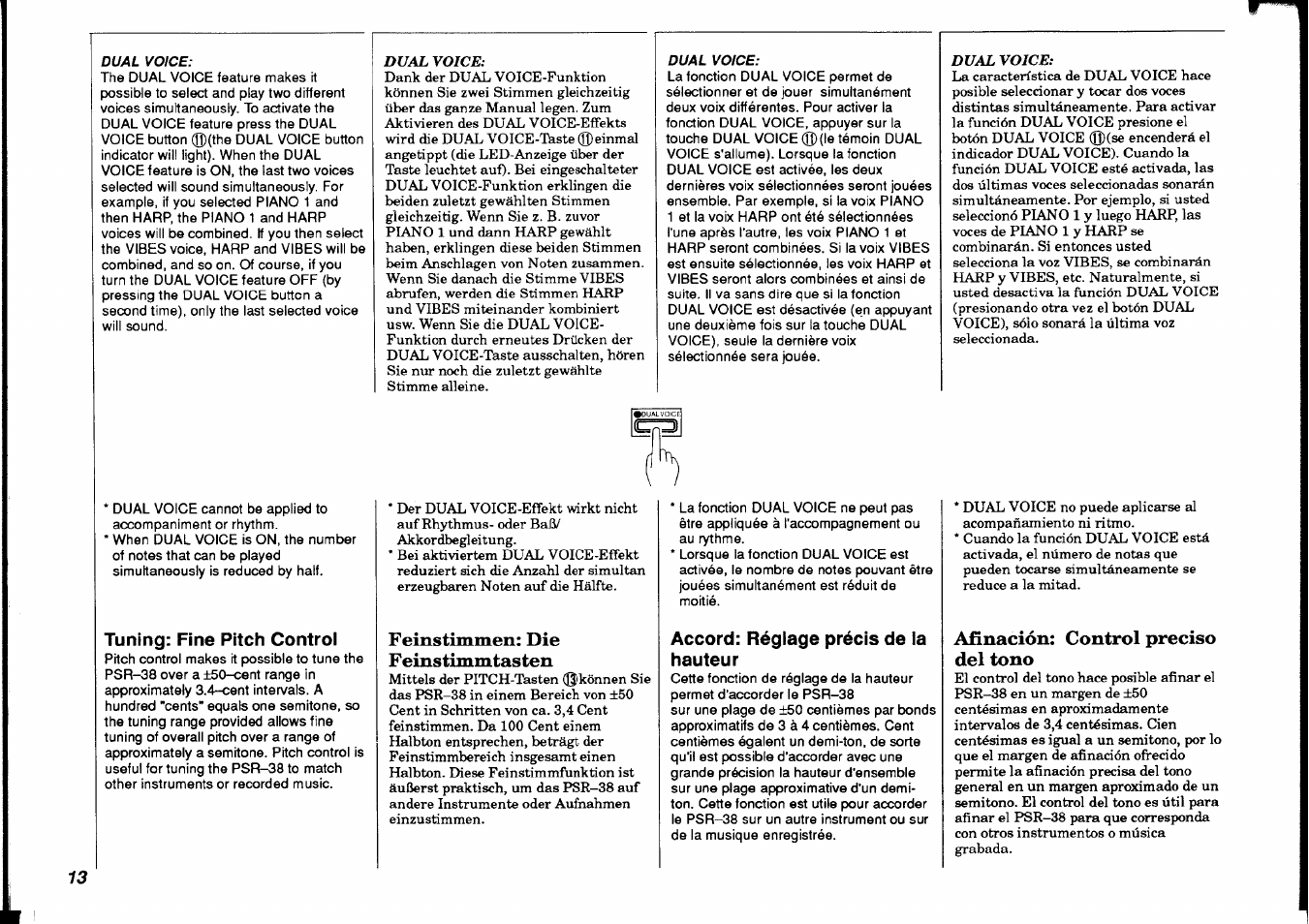 Tuning: fine pitch control, Feinstimmen: die feinstimmtas ten, Accord: réglage précis de la hauteur | Afinación: control preciso del tono | Yamaha PSR-38 User Manual | Page 14 / 55