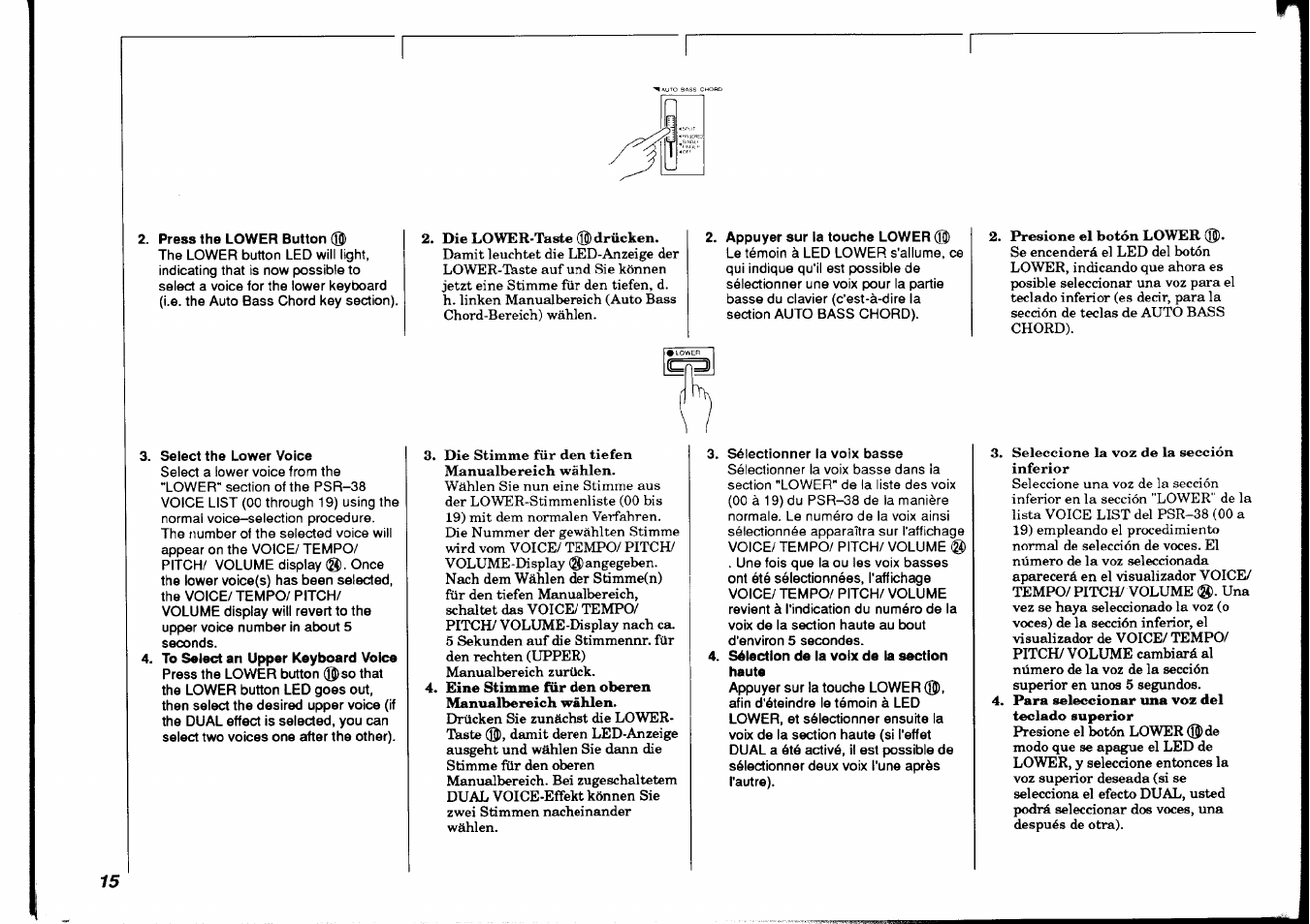 Press the lower button, To select an upper keyboard voice, Appuyer sur la touche lower | Sélection de la voix de la section haute | Yamaha PSR-38 User Manual | Page 16 / 55