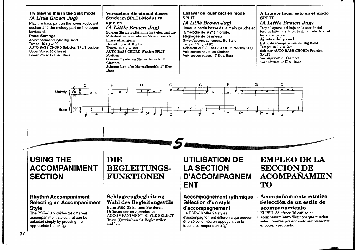 Try playing this in the split mode, Essayer de jouer ceci en mode split, Begleitungs | Funktionen, Empleo de la seccion de acompañamien to, Using the, Utilisation de accompaniment, Accom pag n em ent | Yamaha PSR-38 User Manual | Page 18 / 55