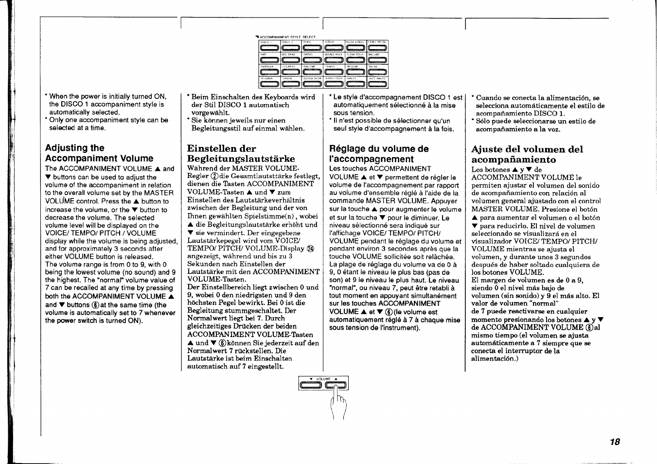 Adjusting the accompaniment volume, Einstellen der begleitungslautstärke, Réglage du volume de l'accompagnement | Ajuste del volumen del acompañamiento, Einstellen der lautstärke | Yamaha PSR-38 User Manual | Page 19 / 55