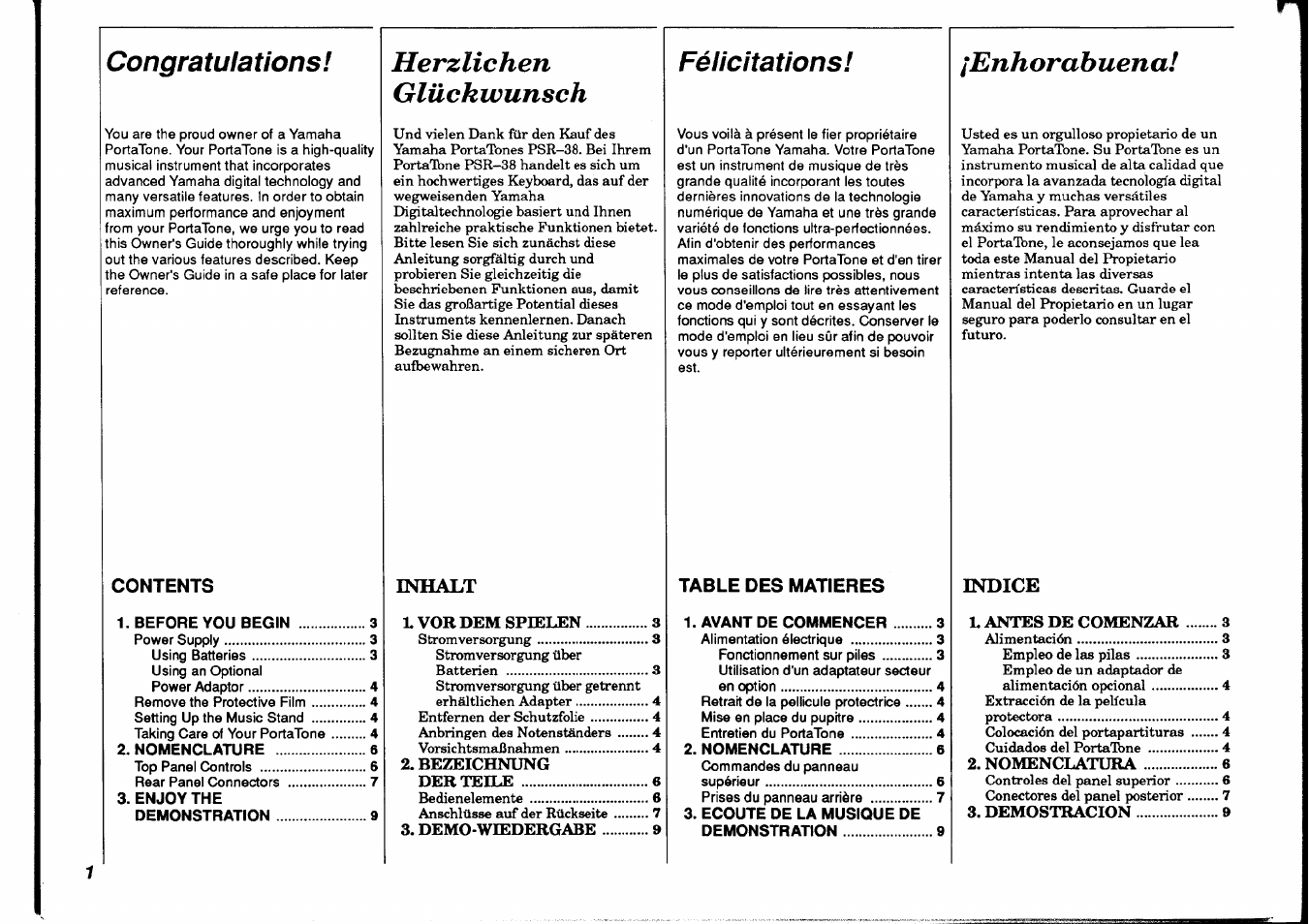 Herzlichen glückwunsch, Félicitations, Enhorabuena | Yamaha PSR-38 User Manual | Page 2 / 55