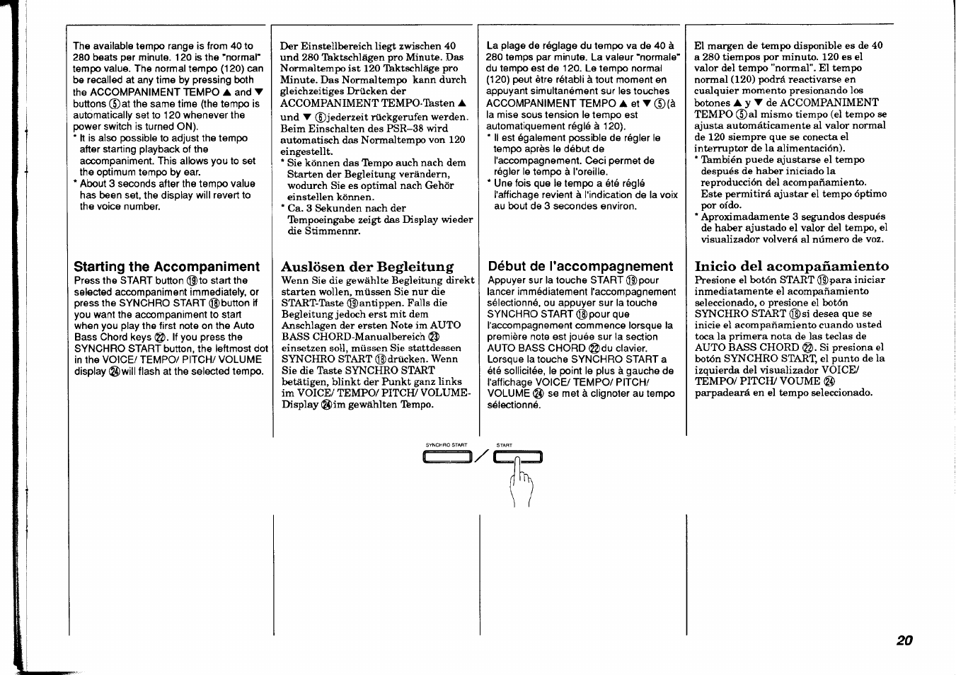 Starting the accompaniment, Auslösen der begleitung, Début de raccompagnement | Inicio del acompañamiento, Début de l'accompagnement, De acompañamiento | Yamaha PSR-38 User Manual | Page 21 / 55