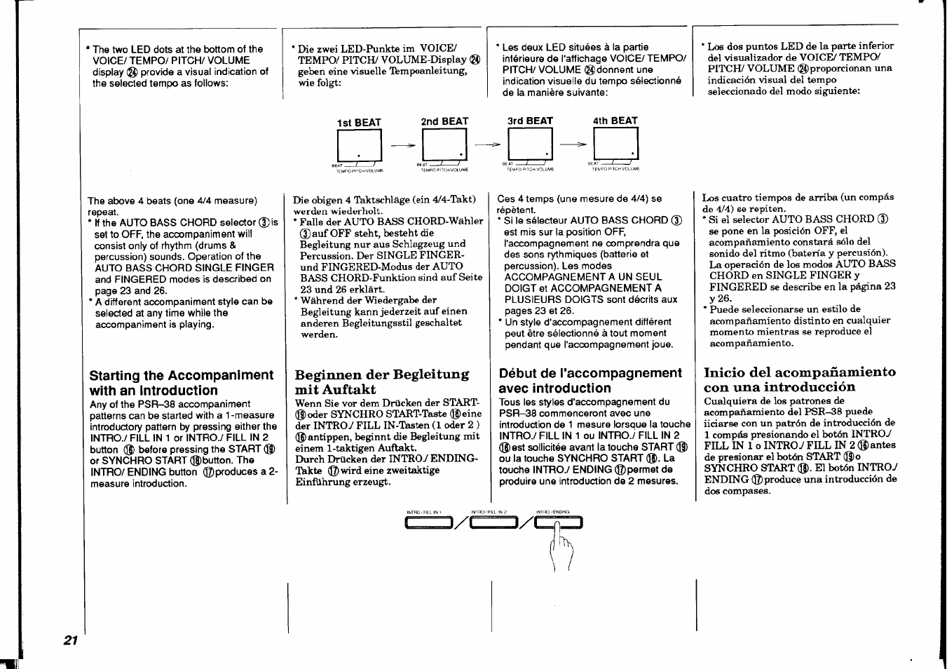 Starting the accompaniment with an introduction, Beginnen der begleitung mit auftakt, Début de l'accompagnement avec introduction | Inicio del acompañamiento con una introducción | Yamaha PSR-38 User Manual | Page 22 / 55