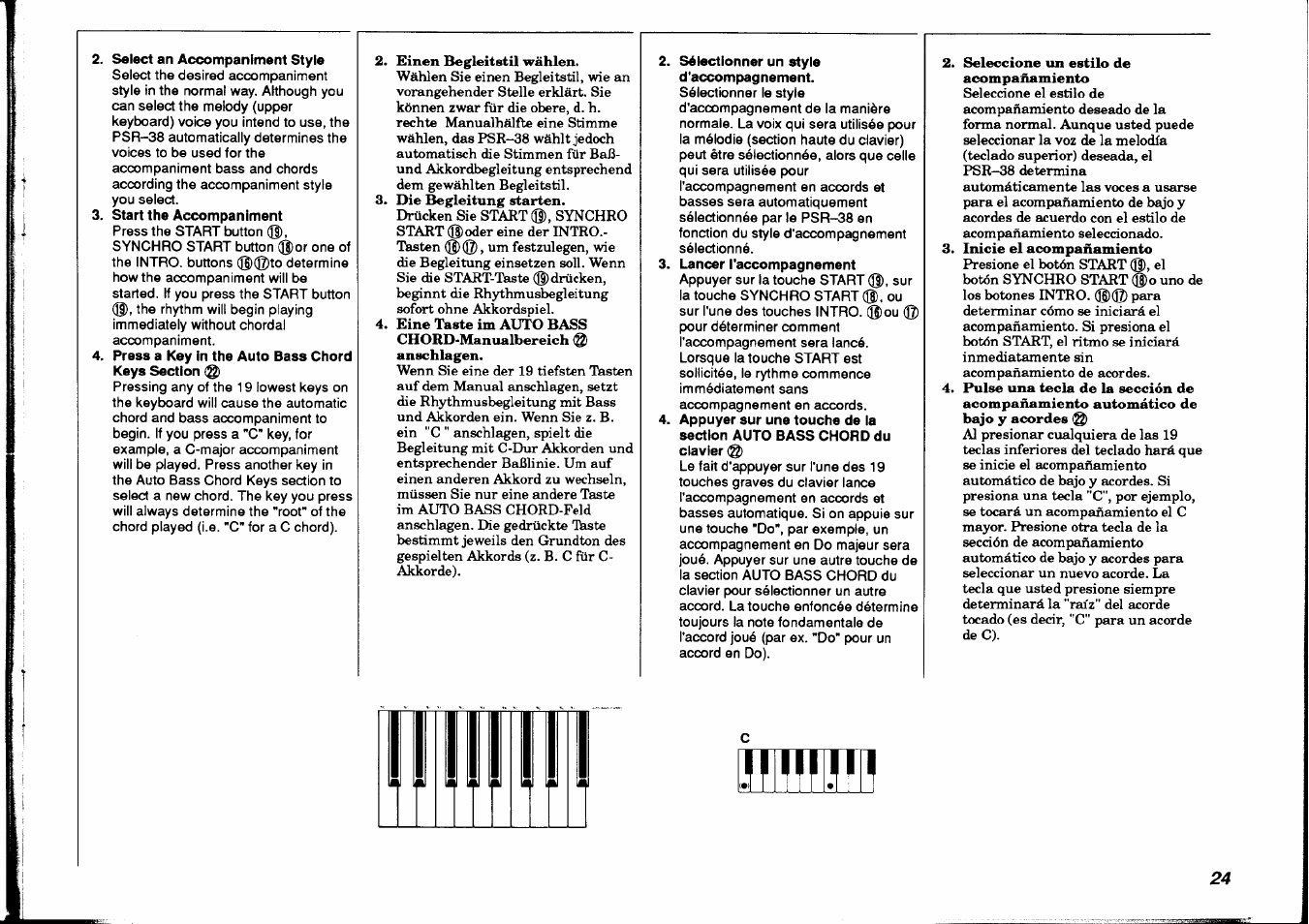 Select an accompaniment style, Start the accompaniment, Press a key in the auto bass chord keys section | Sélectionner un style d'accompagnement, Lancer l'accompagnement | Yamaha PSR-38 User Manual | Page 25 / 55