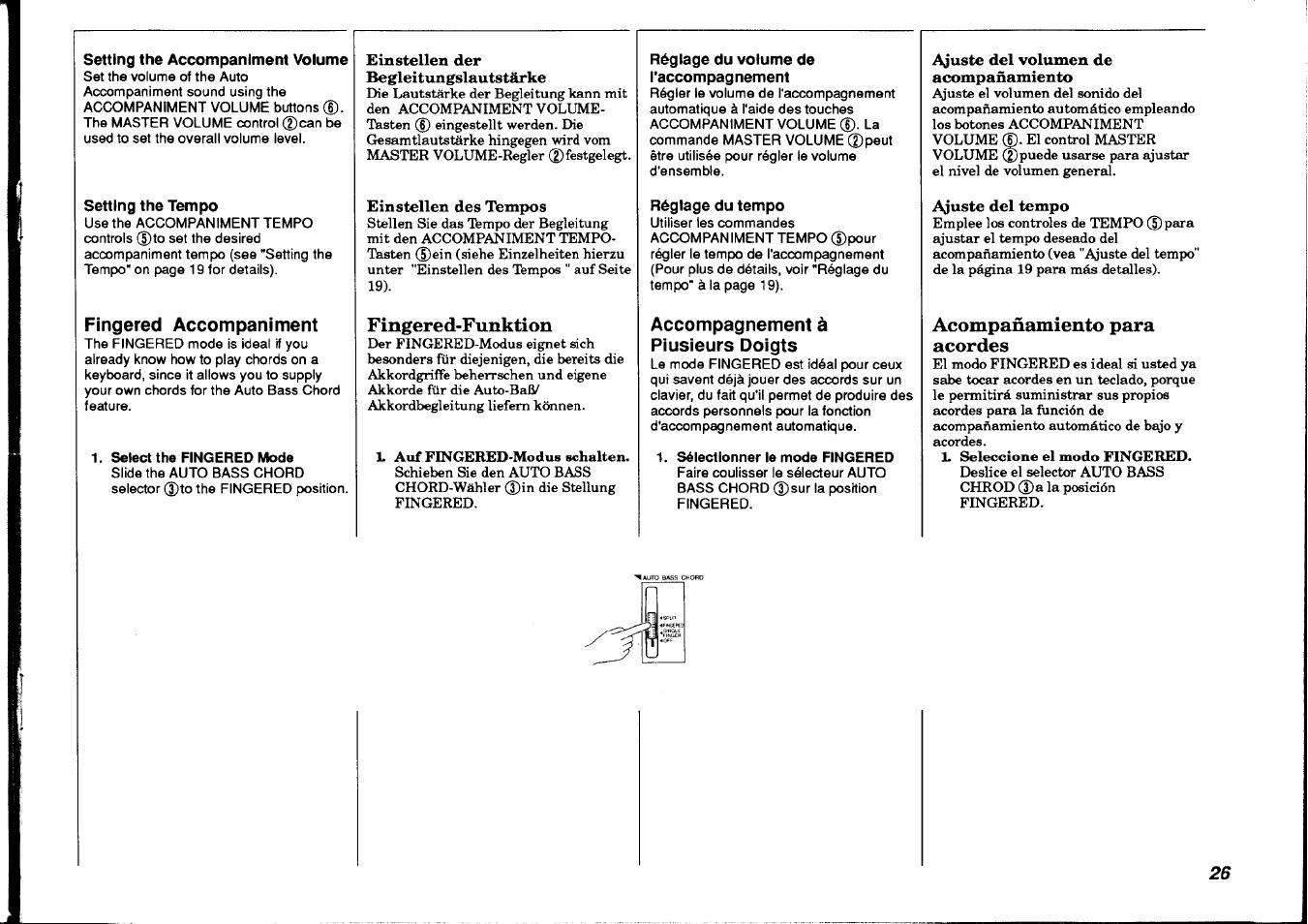 Setting the accompaniment volume, Setting the tempo, Fingered accompaniment | Select the fingered mode, Fingered-funktion, Réglage du volume de l'accompagnement, Réglage du tempo, Accompagnement à plusieurs doigts, Sélectionner le mode fingered, Acompañamiento para acordes | Yamaha PSR-38 User Manual | Page 27 / 55