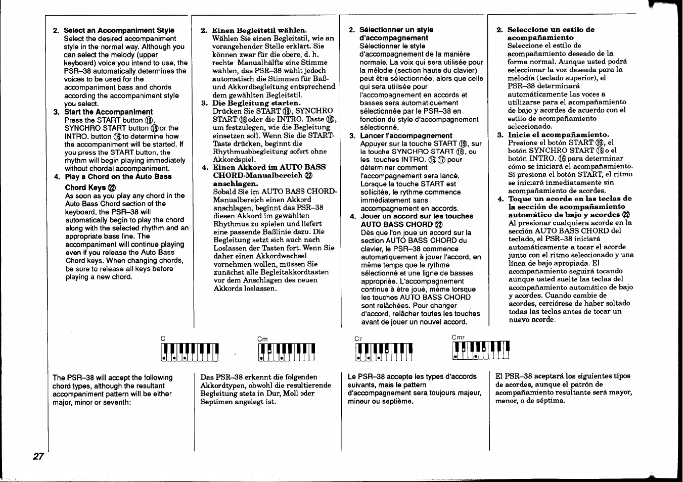 Start the accompaniment, Chord keys, Mm ■ шш iwm iffli | Yamaha PSR-38 User Manual | Page 28 / 55