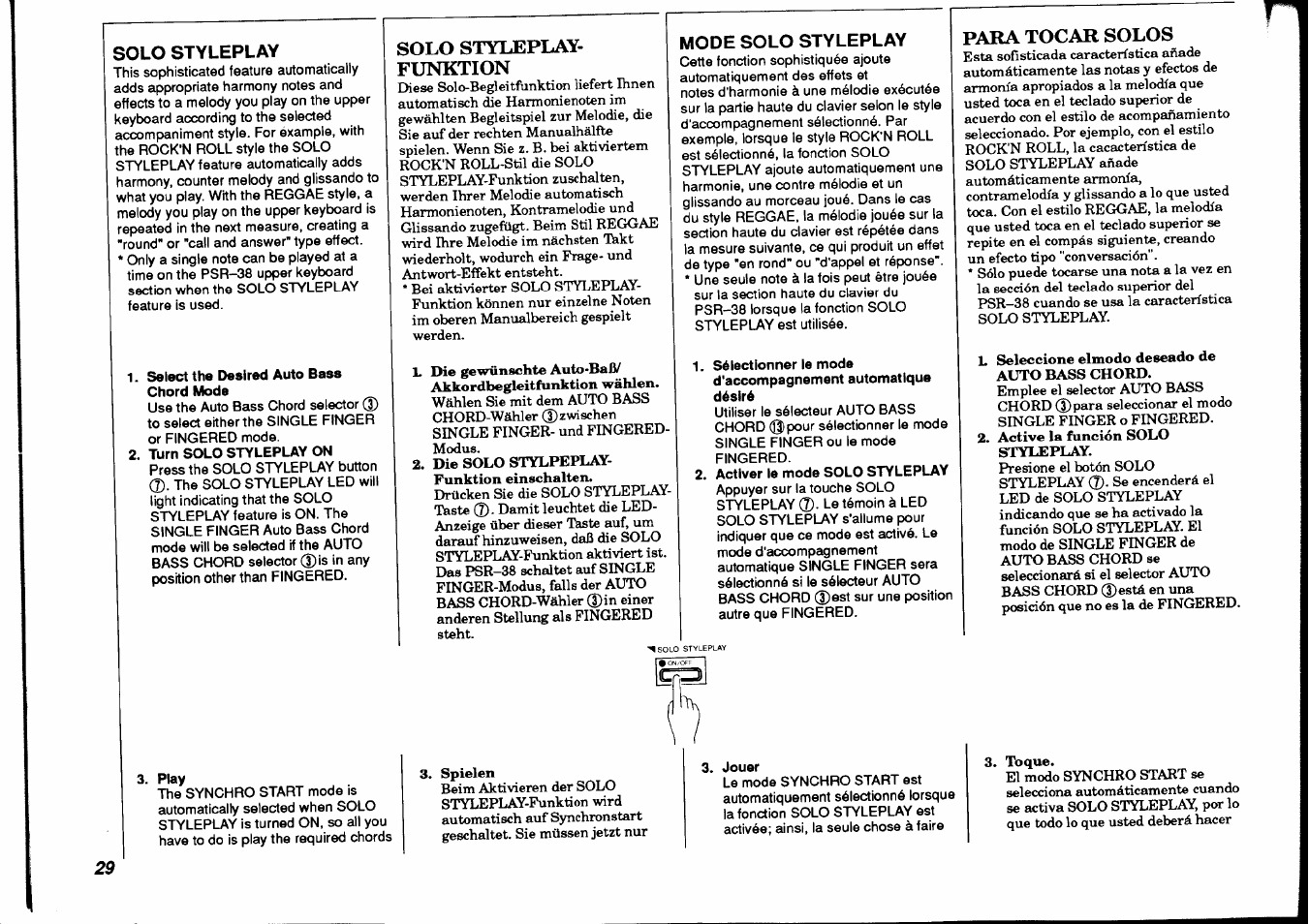 Solo styleplay, Select the desired auto bass chord mode, Play | Solo styleplay- funktion, Mode solo styleplay, Activer le mode solo styleplay, Jouer, Para tocar solos, Solo styleplay-funktion | Yamaha PSR-38 User Manual | Page 30 / 55