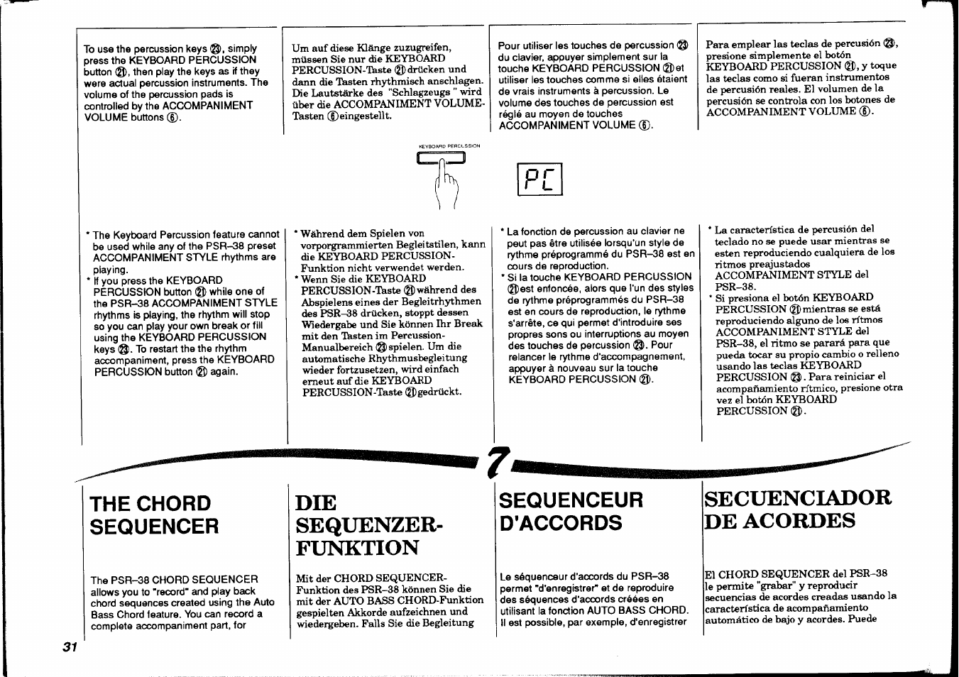 The chord sequencer, Sequenzer, Funktion | Sequenceur, D’accords, Acordes, Die sequenzer­ funktion, Secuenciador de acordes, Sequenceur d’accords | Yamaha PSR-38 User Manual | Page 32 / 55