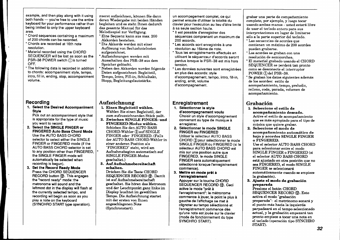 Recording, Aufzeichnung, Enregistrement | Grabación, Aufzeichmmg | Yamaha PSR-38 User Manual | Page 33 / 55