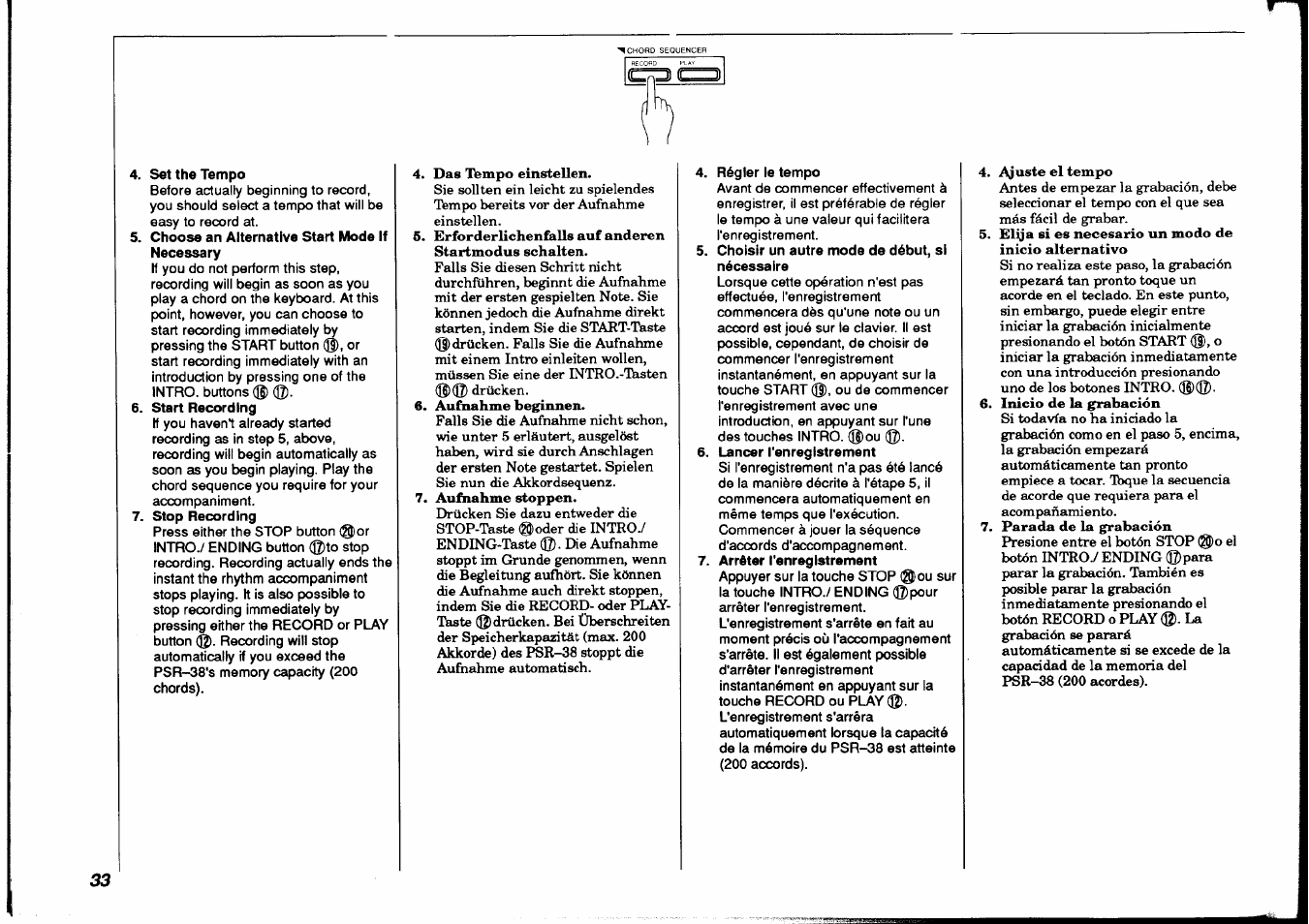 Set the tempo, Choose an alternative start mode if necessary, Start recording | Stop recording, Choisir un autre mode de début, si nécessaire, Lancer l'enregistrement, Arrêter l'enregistrement | Yamaha PSR-38 User Manual | Page 34 / 55