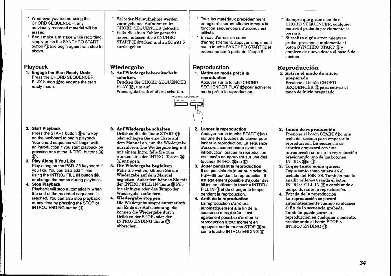 Playback, Wiedergabe, Reproduction | Reproducción | Yamaha PSR-38 User Manual | Page 35 / 55