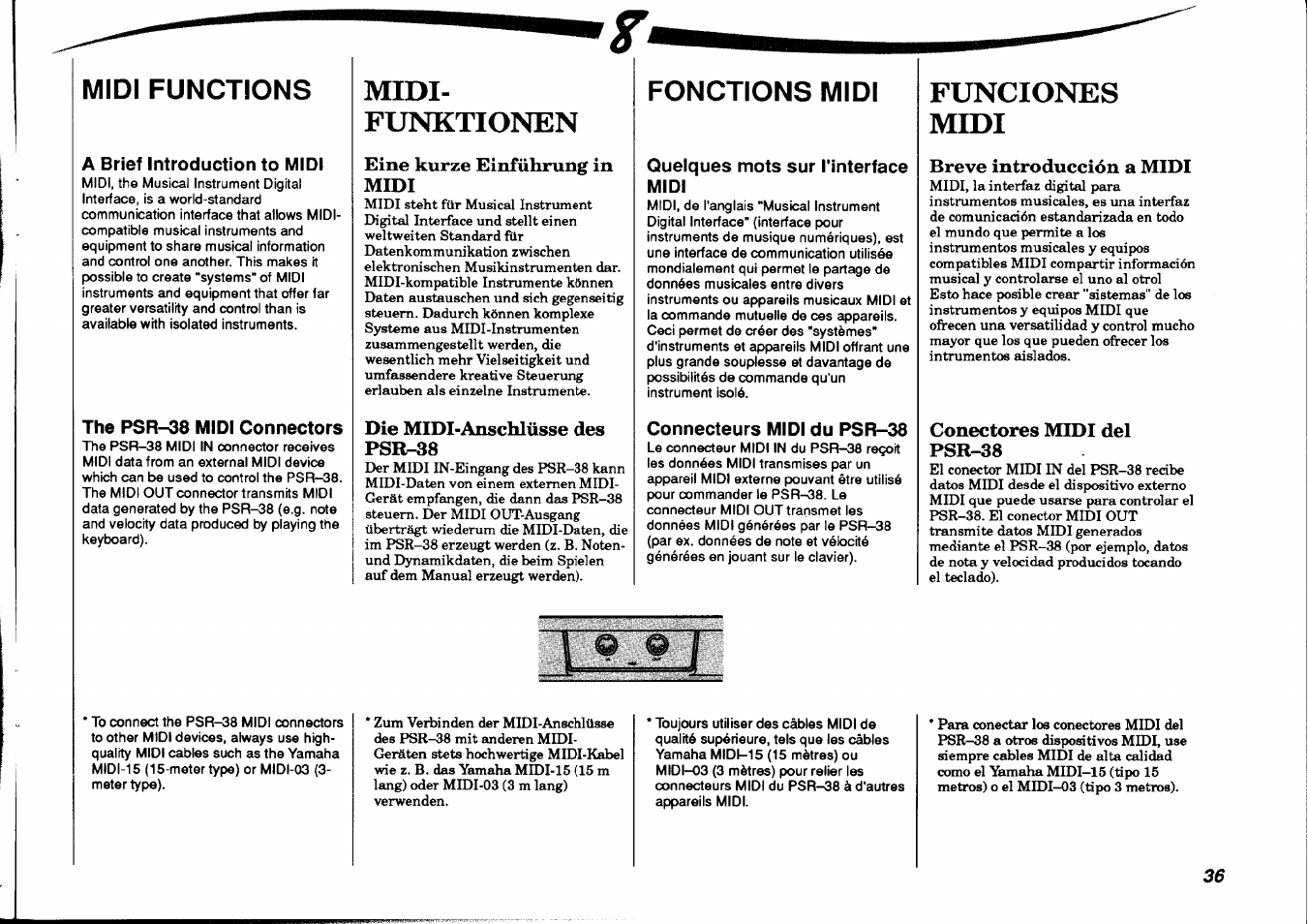 Midi functions, A brief introduction to midi, The psr-38 midi connectors | Midi, Funktionen, Eine kurze einführung in midi, Die midi-anschlüsse des psr-38, Fonctions midi, Quelques mots sur l'interface midi, Connecteurs midi du psr-38 | Yamaha PSR-38 User Manual | Page 37 / 55