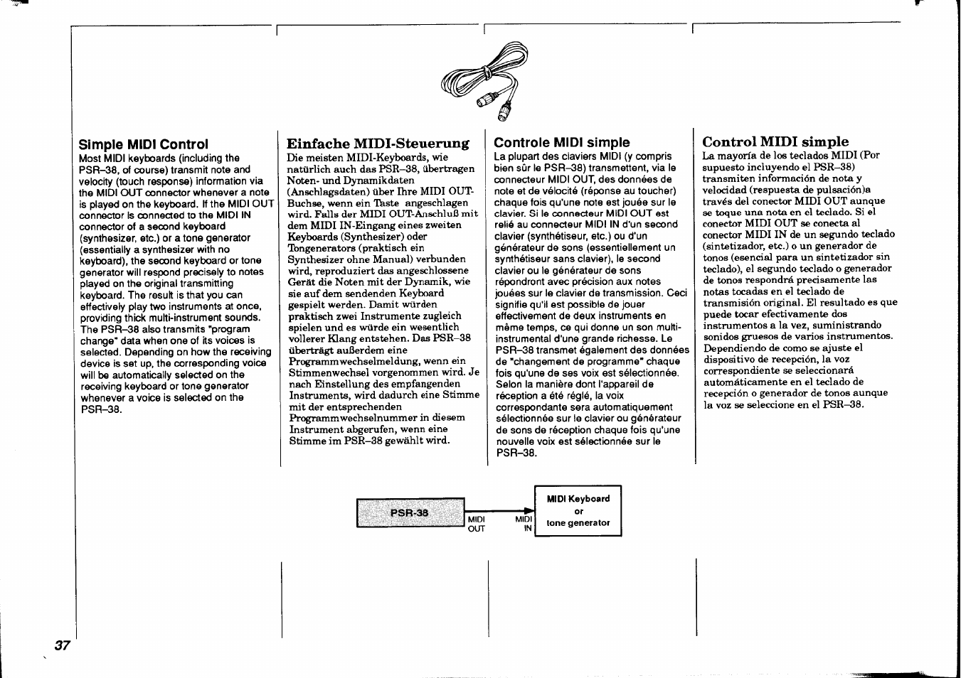 Simple midi control, Einfache midi-steuerung, Contrôle midi simple | Control midi simple, Commande midi simple | Yamaha PSR-38 User Manual | Page 38 / 55