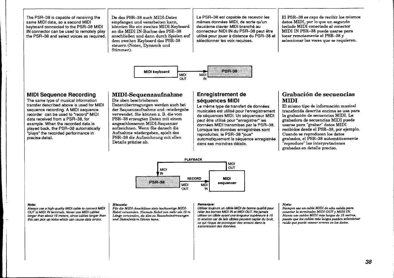 Midi sequence recording, Midi-sequenzaufnahme, Enregistrement de séquences midi | Grabación de secuencias midi | Yamaha PSR-38 User Manual | Page 39 / 55