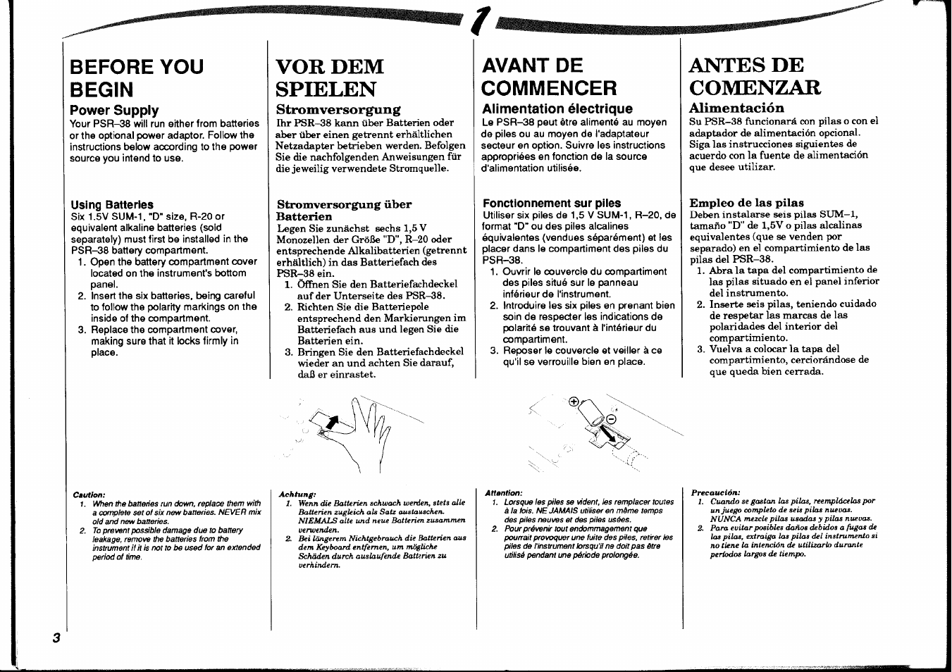 Before you begin, Power supply, Using batteries | Vor dem spielen, Stromversorgung, Stromversorgung über batterien, Avant de commencer, Alimentation électrique, Fonctionnement sur piles, Antes de comenzar | Yamaha PSR-38 User Manual | Page 4 / 55