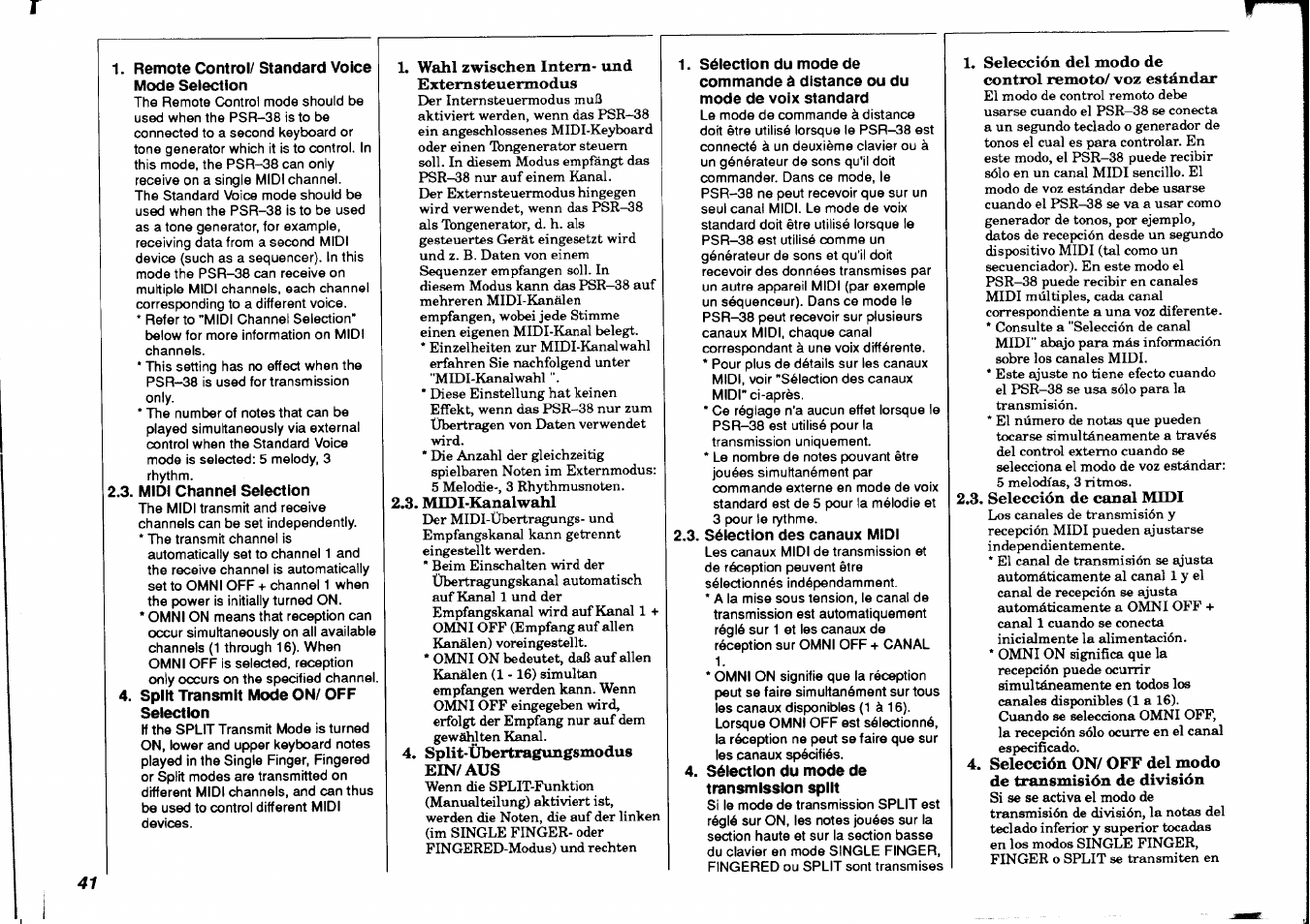 Remote control/ standard voice mode selection, Midi channel selection, Split transmit mode on/ off selection | Wahl zwischen intern- und extemsteuermodus, Midi-kanalwahl, Split-übertragtingsmodus ein/aus | Yamaha PSR-38 User Manual | Page 42 / 55