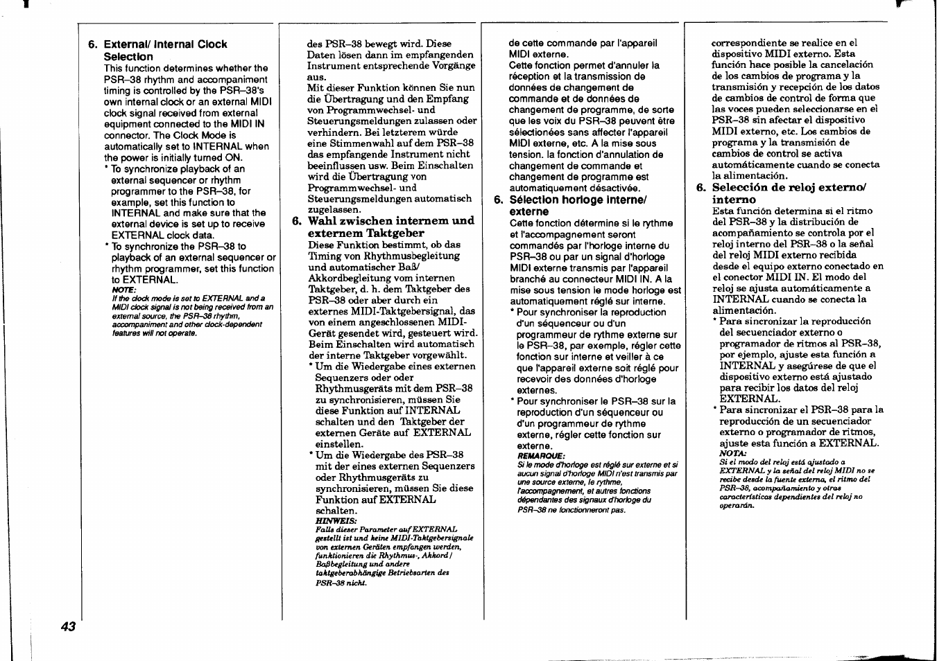 External/ internal clock selection, Wahl zwischen internem und externem taktgeber, Sélection horloge interne/ externe | Selección de reloj extemo/ interno | Yamaha PSR-38 User Manual | Page 44 / 55