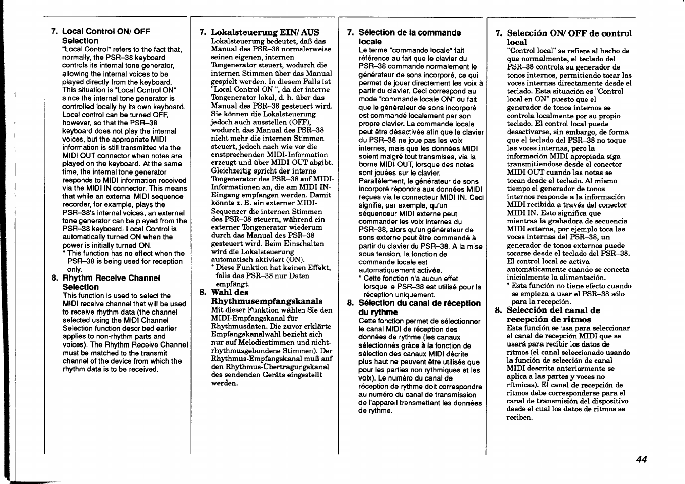 Local control on/ off selection, Rhythm receive channel selection, Sélection de la commande locale | Sélection du canal de réception du rythme | Yamaha PSR-38 User Manual | Page 45 / 55