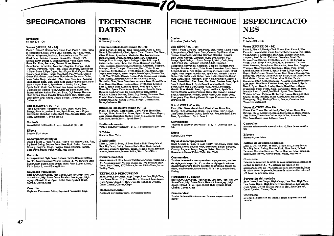 Specifications, Technische, Daten | Fiche technique, Especificacio, Technische daten, Especificacio nes | Yamaha PSR-38 User Manual | Page 48 / 55