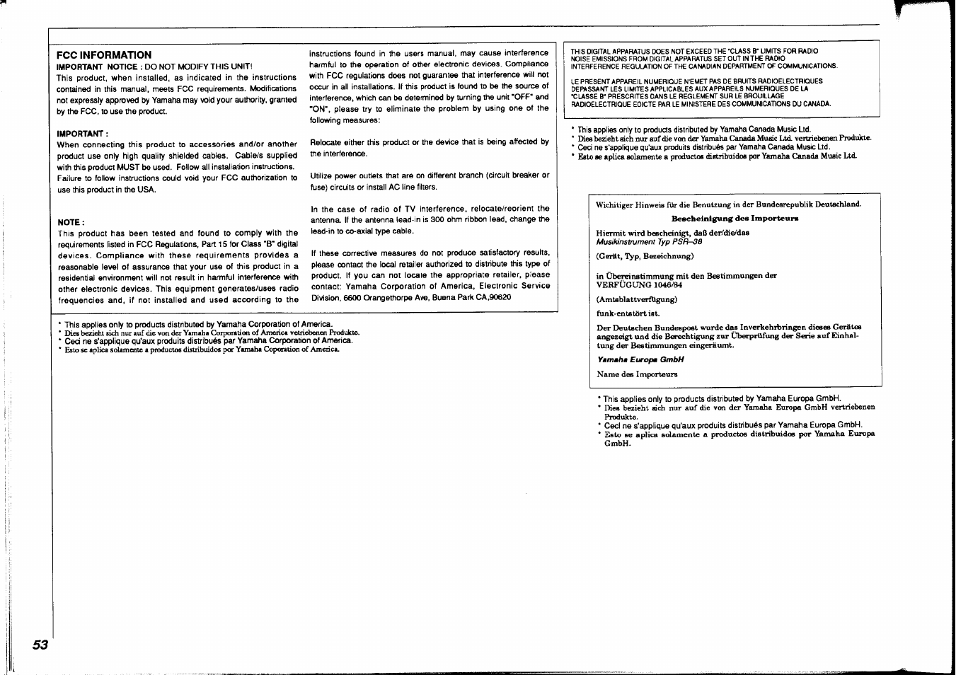 Fcc information | Yamaha PSR-38 User Manual | Page 54 / 55