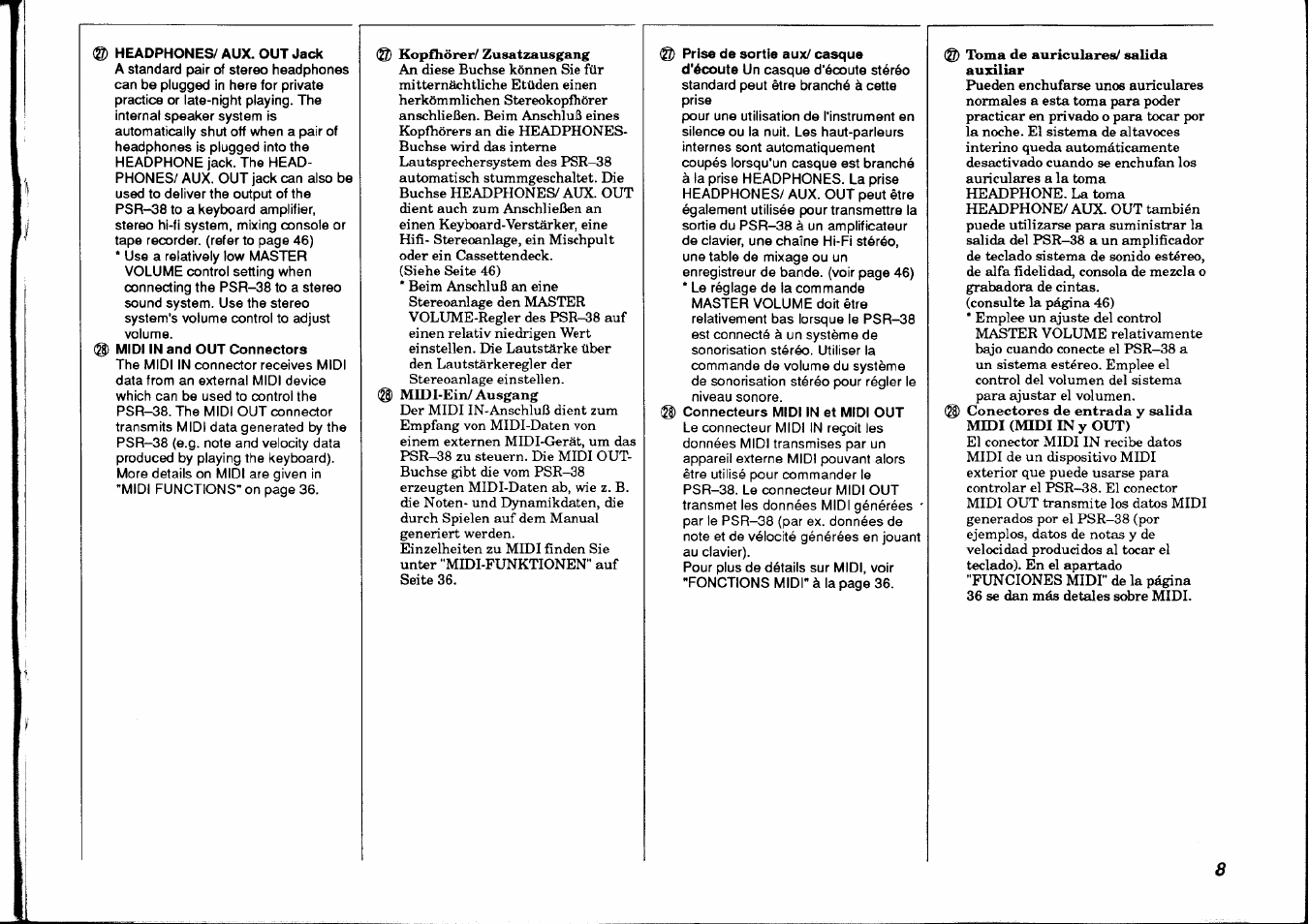 Headphones/ aux. out jack, Prise de sortie aux/casque | Yamaha PSR-38 User Manual | Page 9 / 55