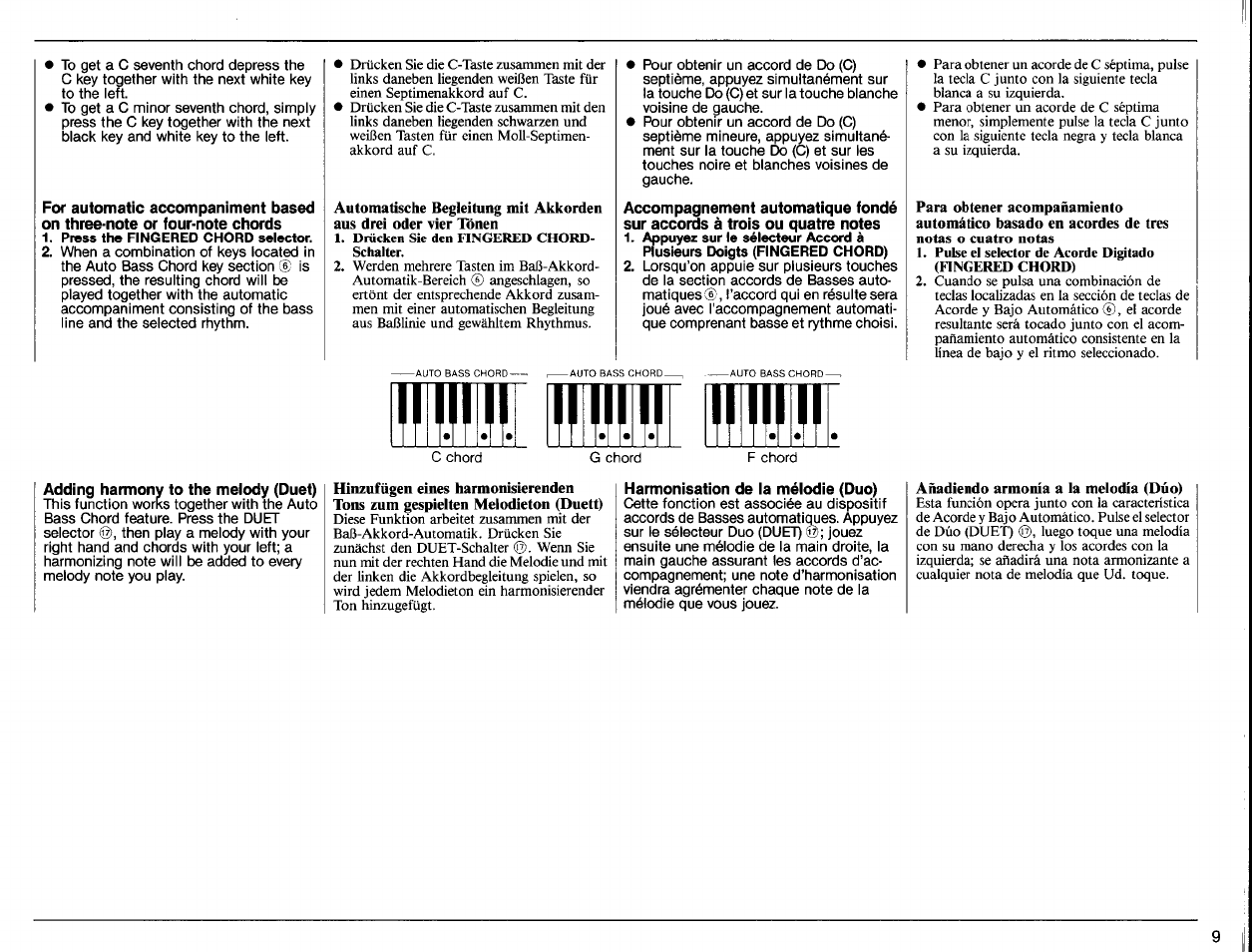 Accompagnement automatique fondé, Sur accords à trois ou quatre notes, Adding harmony to the melody (duet) | Harmonisation de la mélodie (duo) | Yamaha PSR-40 User Manual | Page 11 / 16