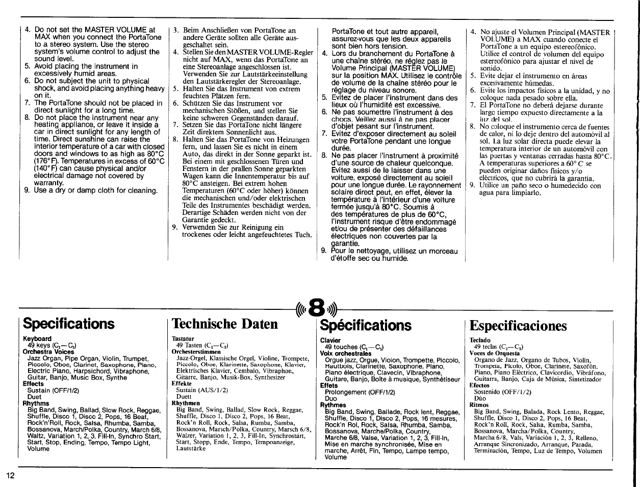 Specifications, Spécifications, Clavier | Technische daten, Especificaciones | Yamaha PSR-40 User Manual | Page 14 / 16